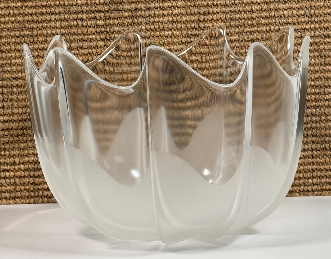 Mid century Rosenthal frosted glass bowl with sculptural scalloped rim. Elegant German art glass centerpiece, perfect for modern or vintage decor displays.