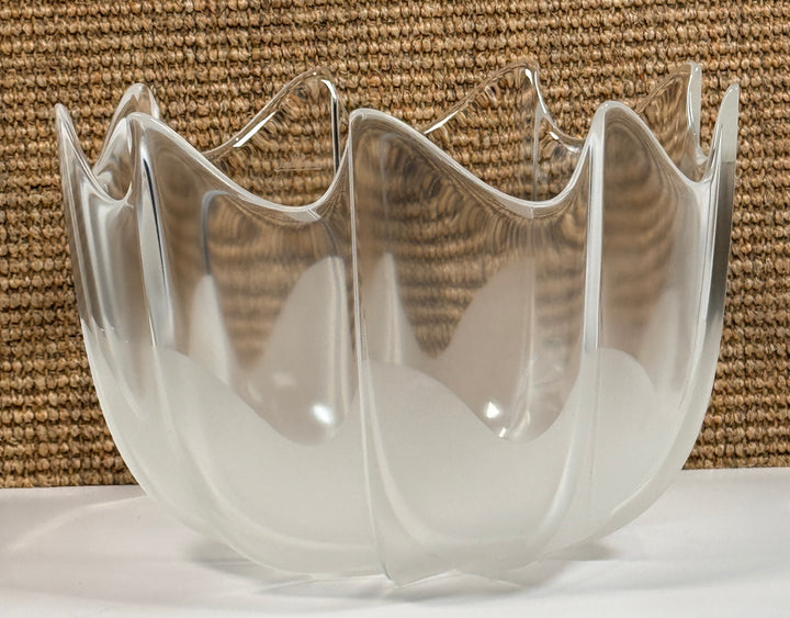 Mid century Rosenthal frosted glass bowl with sculptural scalloped rim. Elegant German art glass centerpiece, perfect for modern or vintage decor displays.