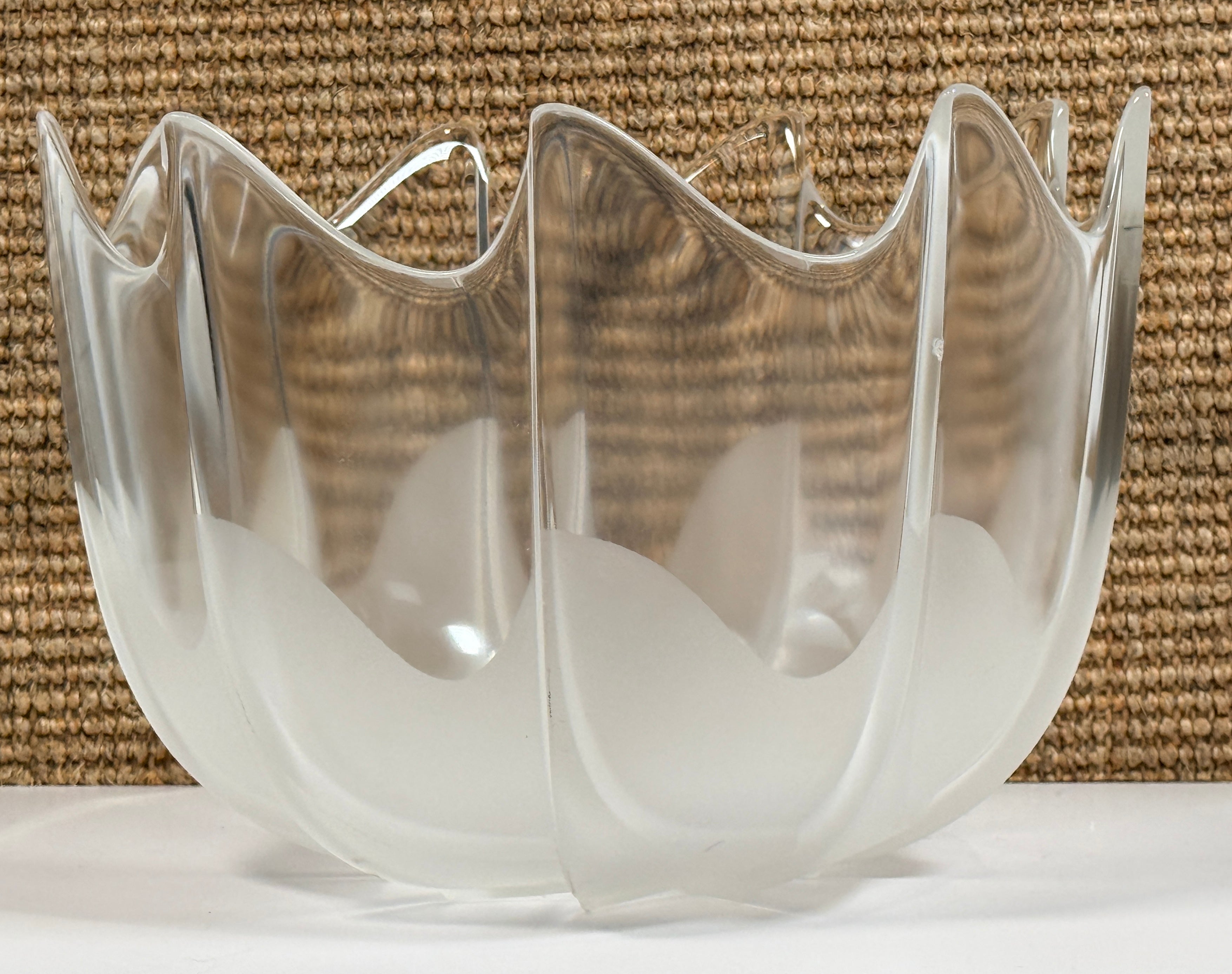Mid century Rosenthal frosted glass bowl with sculptural scalloped rim. Elegant German art glass centerpiece, perfect for modern or vintage decor displays.