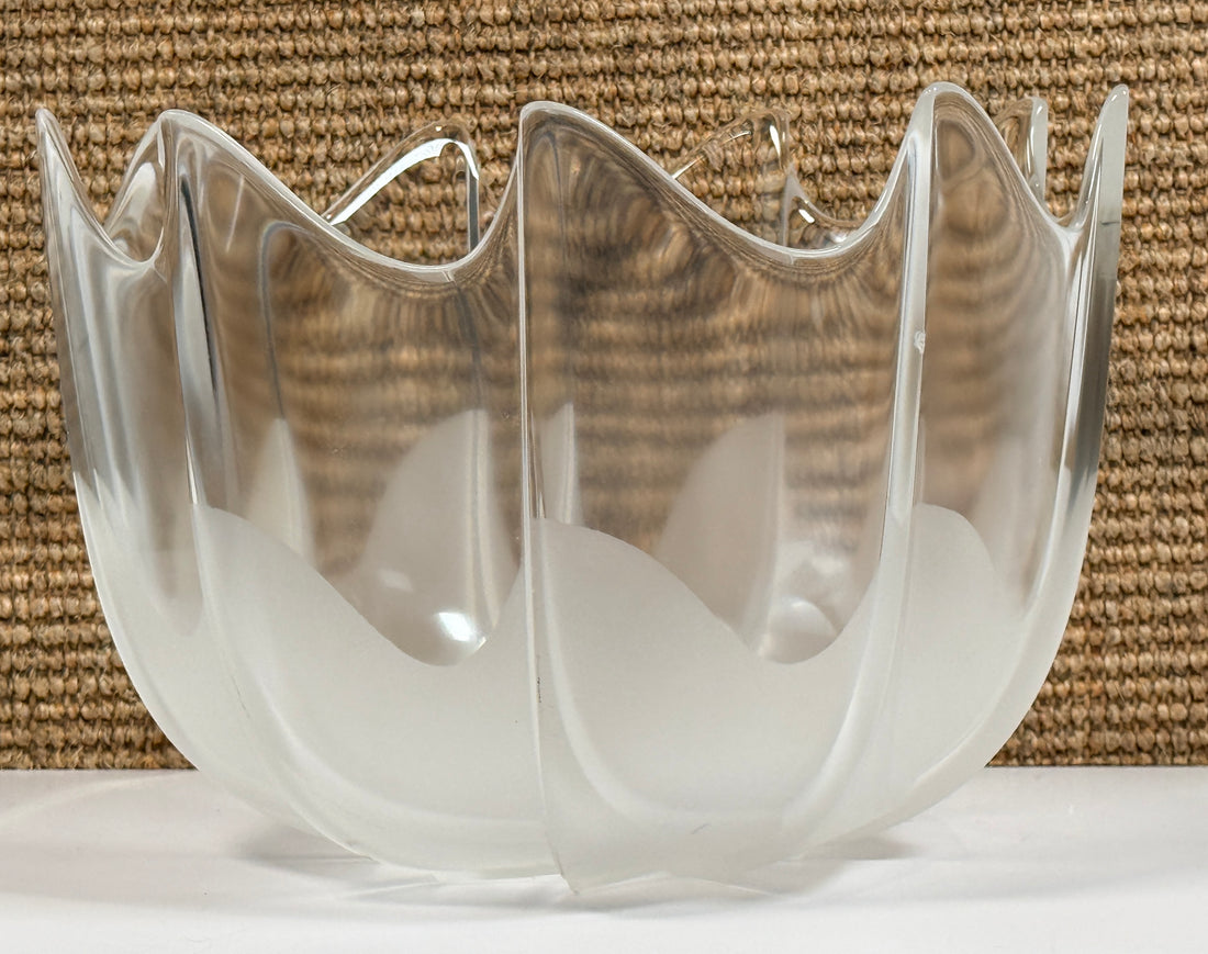 Mid century Rosenthal frosted glass bowl with sculptural scalloped rim. Elegant German art glass centerpiece, perfect for modern or vintage decor displays.