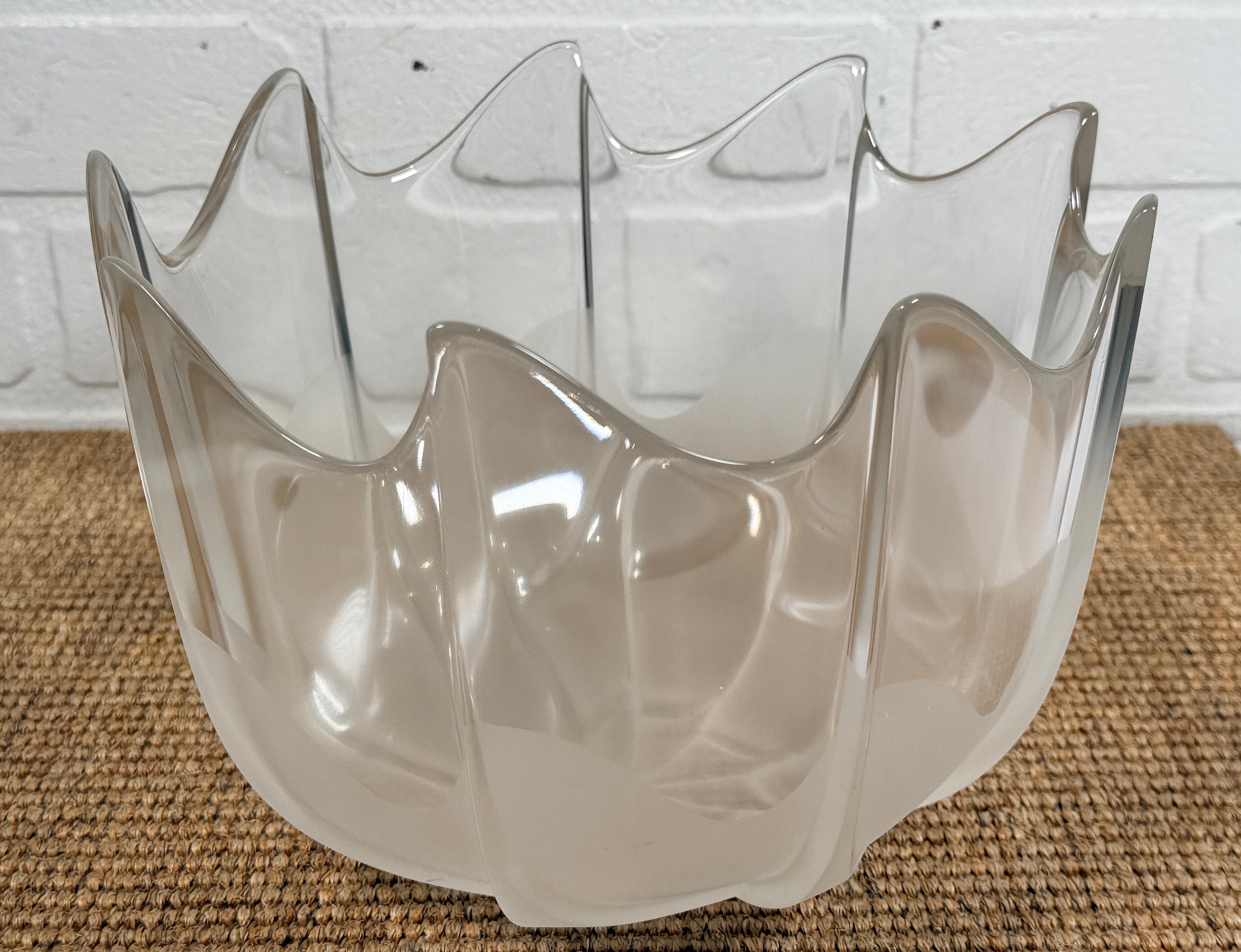 Mid century Rosenthal frosted glass bowl with sculptural scalloped rim. Elegant German art glass centerpiece, perfect for modern or vintage decor displays.