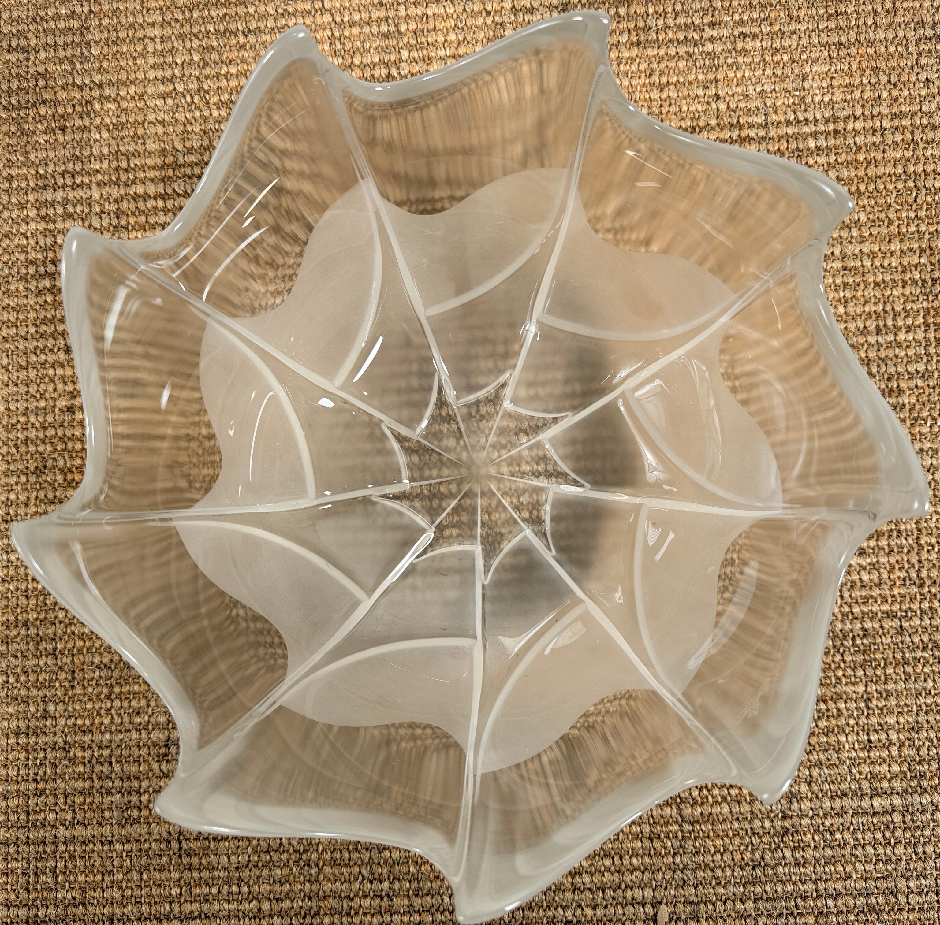 Mid century Rosenthal frosted glass bowl with sculptural scalloped rim. Elegant German art glass centerpiece, perfect for modern or vintage decor displays.