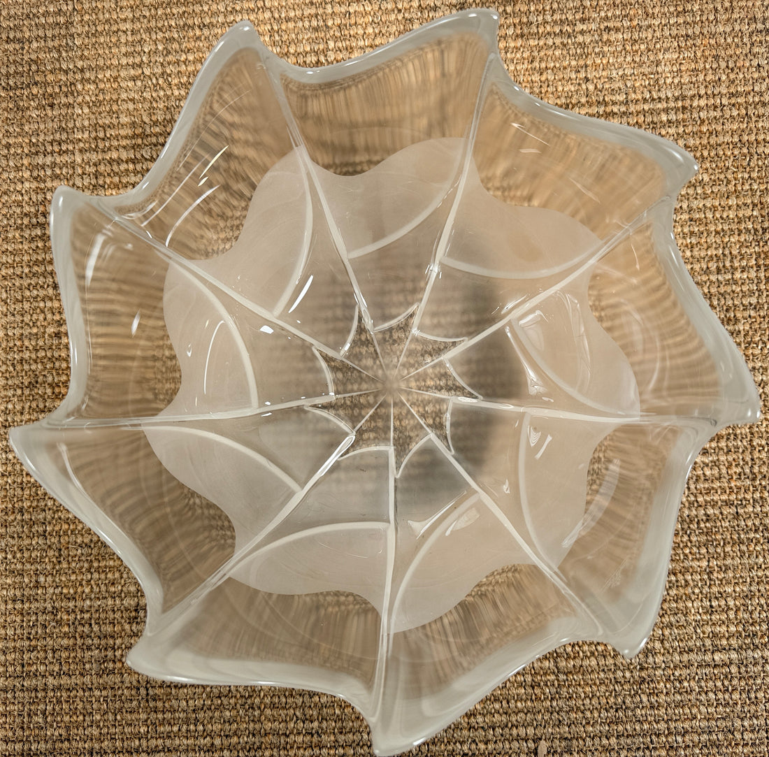 Mid century Rosenthal frosted glass bowl with sculptural scalloped rim. Elegant German art glass centerpiece, perfect for modern or vintage decor displays.