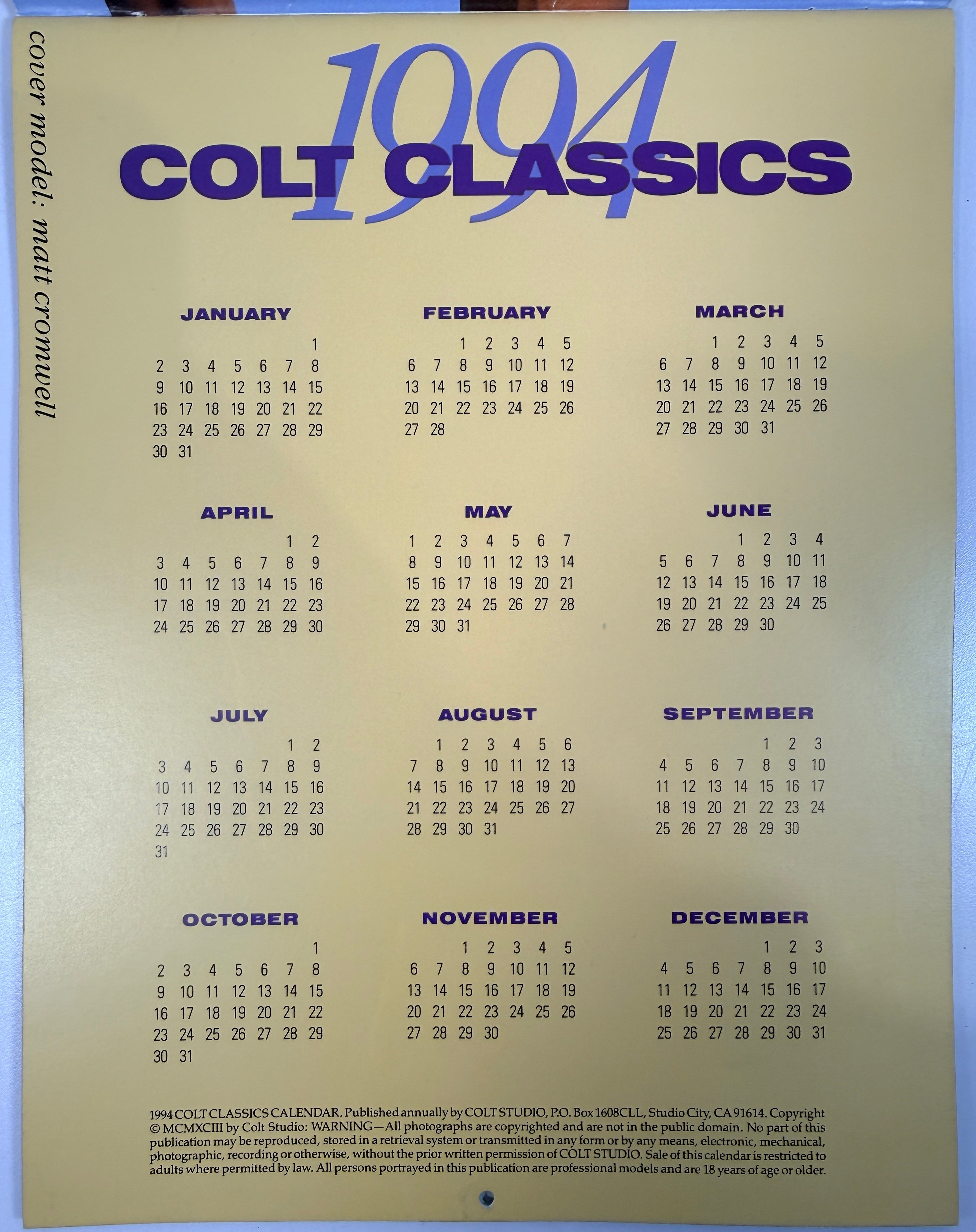 Vintage 1994 Colt Classics calendar by Colt Studio. Complete male physique wall calendar featuring iconic 90s models. Collectible print ephemera.