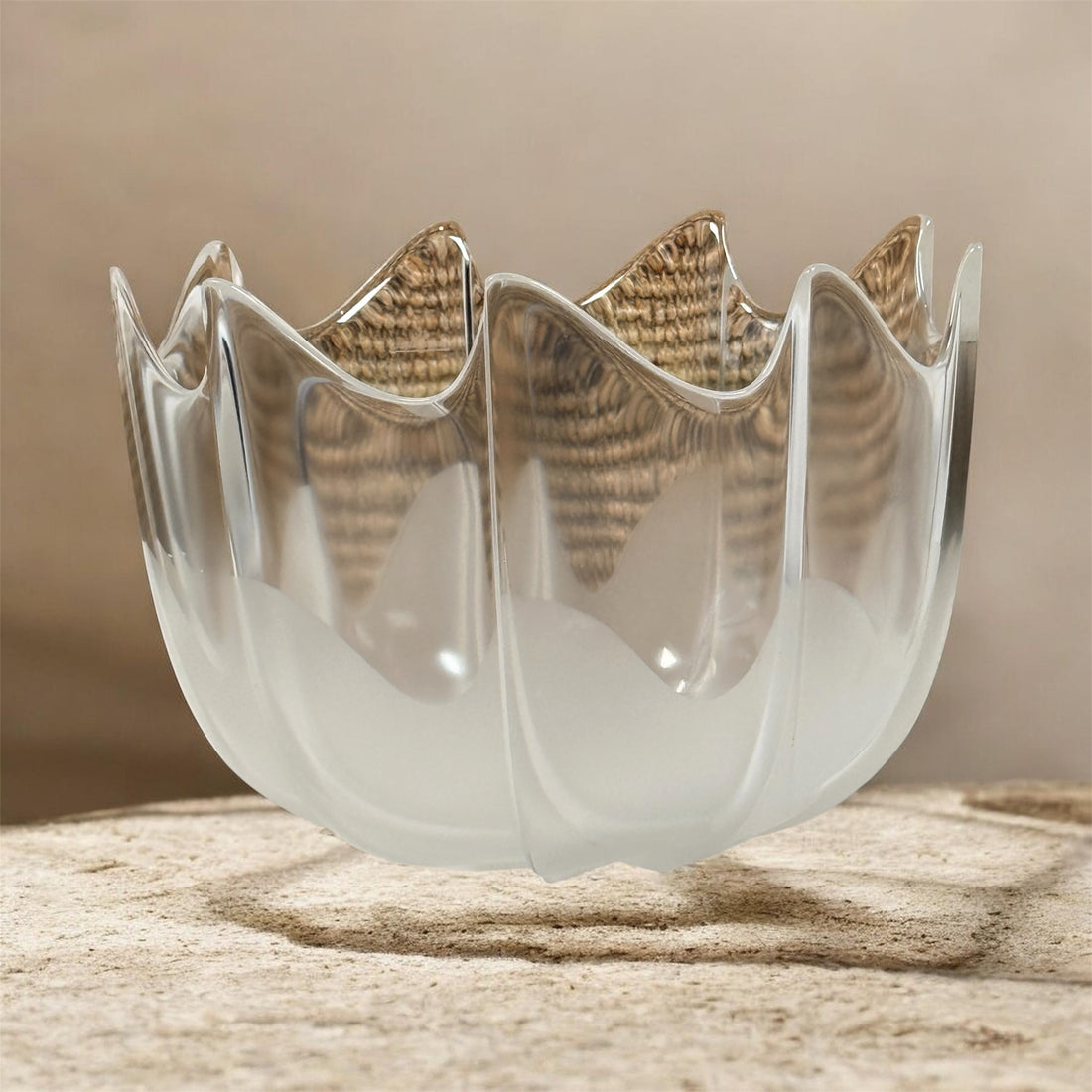 Mid century Rosenthal frosted glass bowl with sculptural scalloped rim. Elegant German art glass centerpiece, perfect for modern or vintage decor displays.