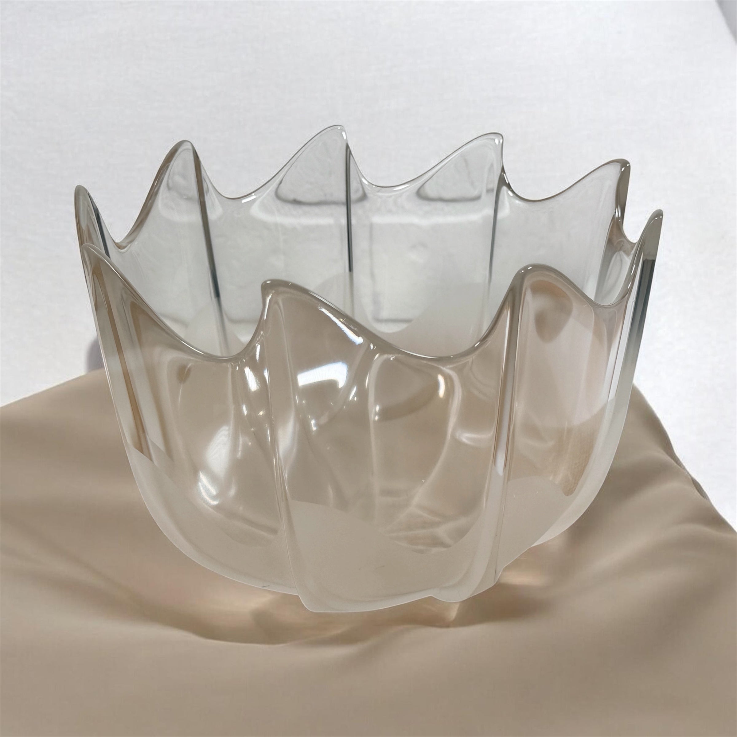 Mid century Rosenthal frosted glass bowl with sculptural scalloped rim. Elegant German art glass centerpiece, perfect for modern or vintage decor displays.