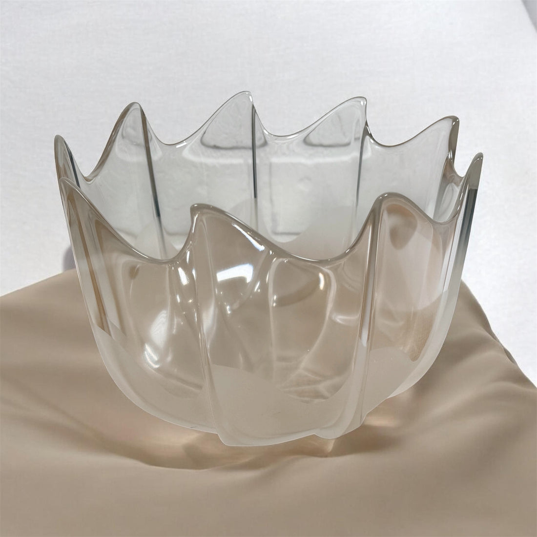 Mid century Rosenthal frosted glass bowl with sculptural scalloped rim. Elegant German art glass centerpiece, perfect for modern or vintage decor displays.