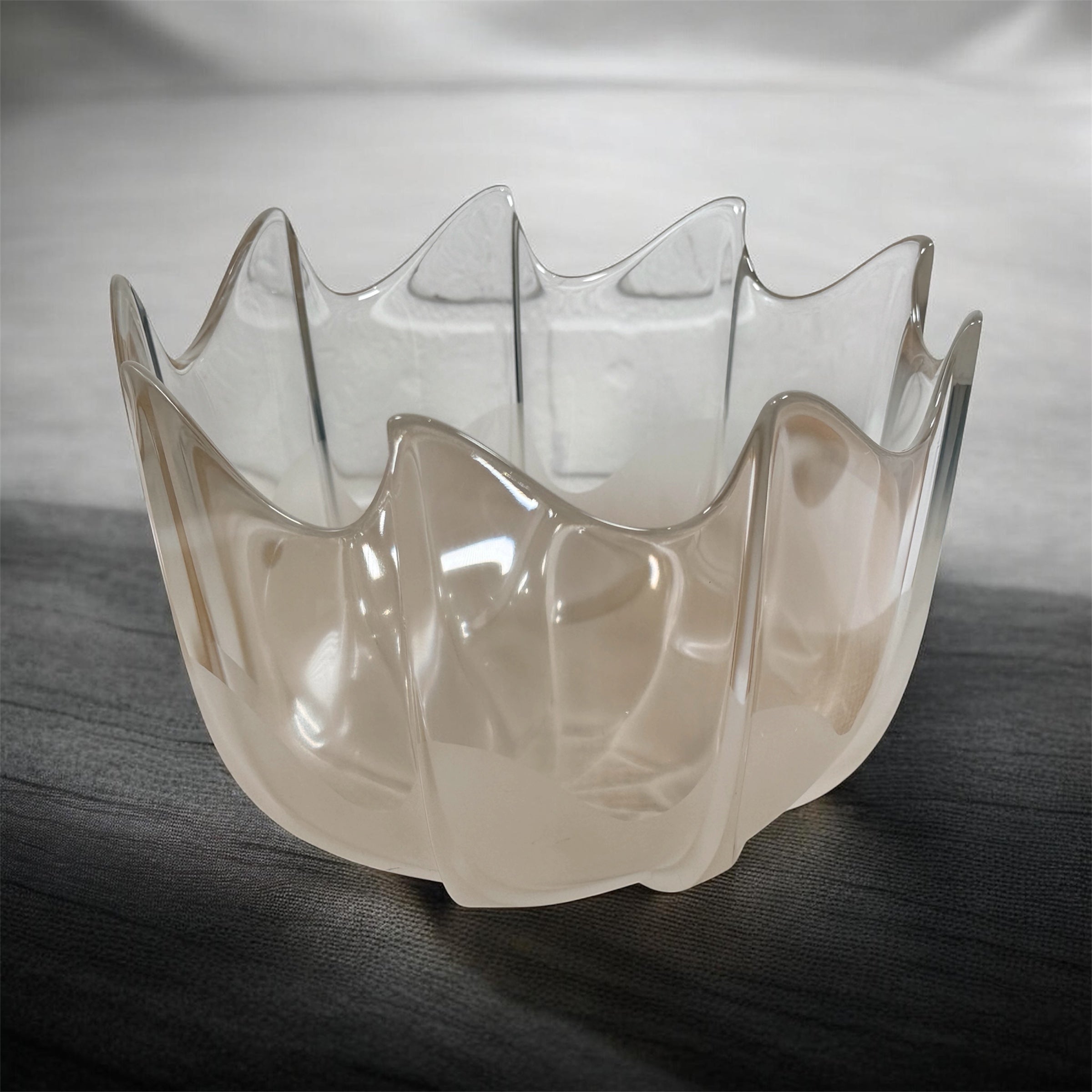 Mid century Rosenthal frosted glass bowl with sculptural scalloped rim. Elegant German art glass centerpiece, perfect for modern or vintage decor displays.