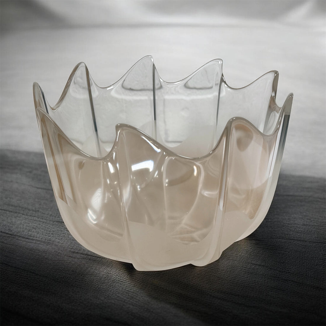 Mid century Rosenthal frosted glass bowl with sculptural scalloped rim. Elegant German art glass centerpiece, perfect for modern or vintage decor displays.