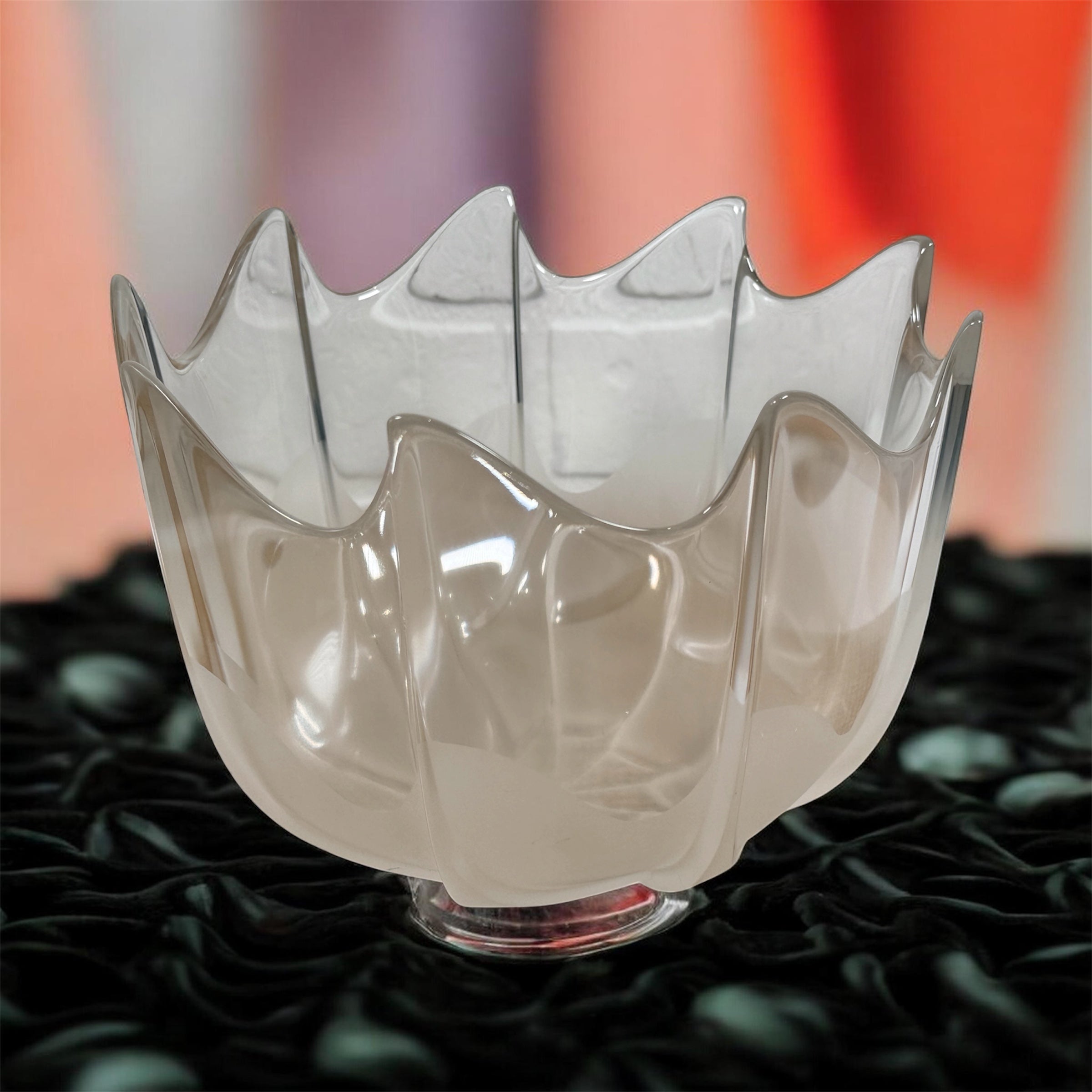 Mid century Rosenthal frosted glass bowl with sculptural scalloped rim. Elegant German art glass centerpiece, perfect for modern or vintage decor displays.