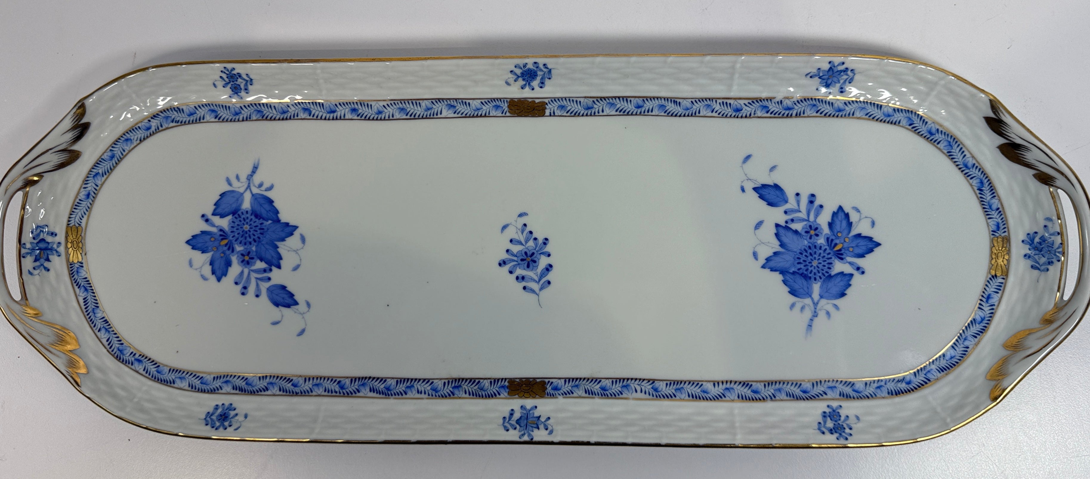 Herend Hungary hand painted porcelain tray 19.5 inch blue floral with gold handles. Large vintage serving tray in excellent condition.