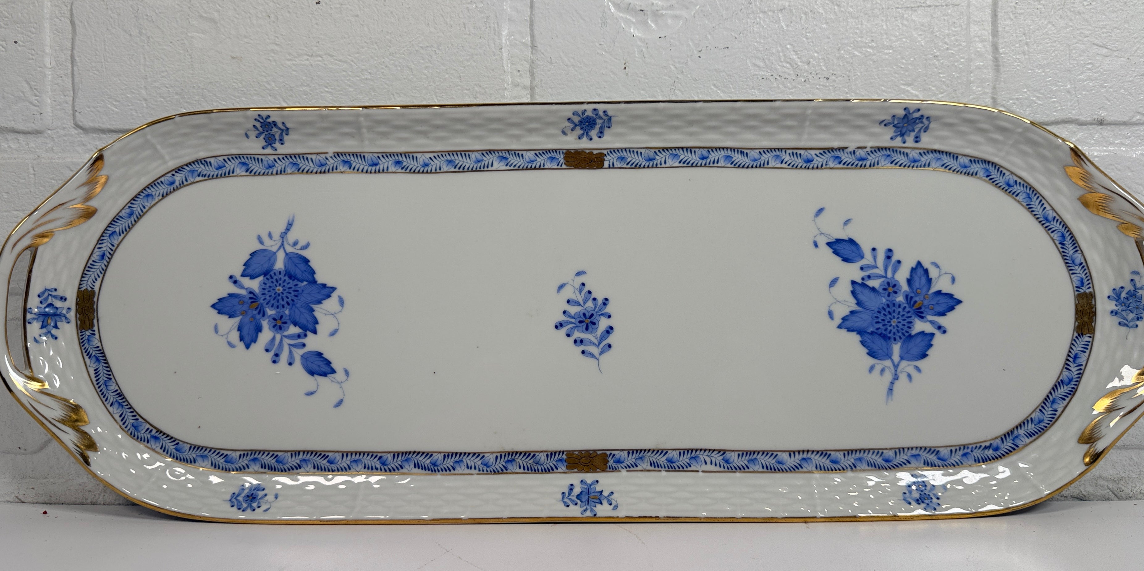 Herend Hungary hand painted porcelain tray 19.5 inch blue floral with gold handles. Large vintage serving tray in excellent condition.