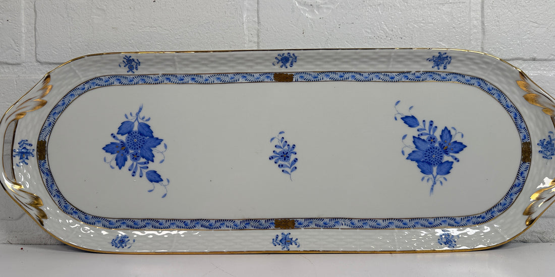 Herend Hungary hand painted porcelain tray 19.5 inch blue floral with gold handles. Large vintage serving tray in excellent condition.
