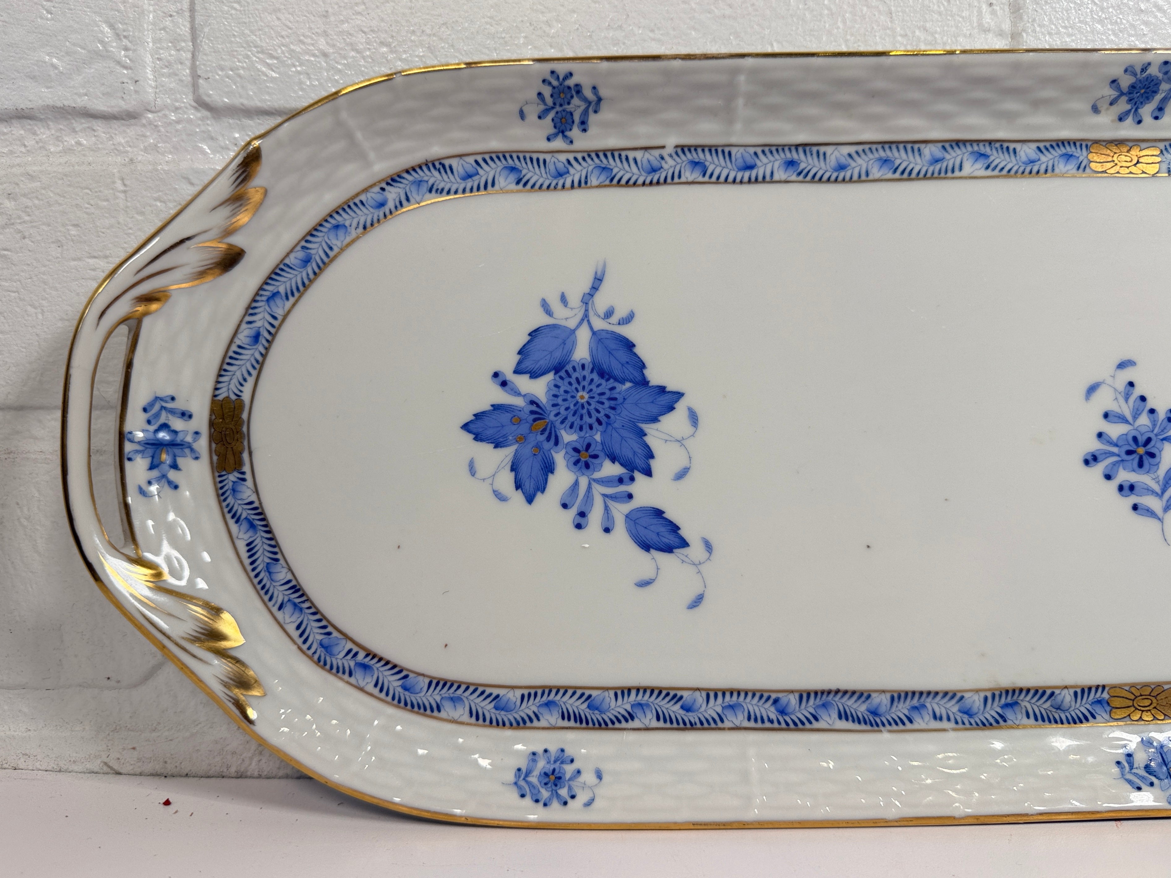 Herend Hungary hand painted porcelain tray 19.5 inch blue floral with gold handles. Large vintage serving tray in excellent condition.