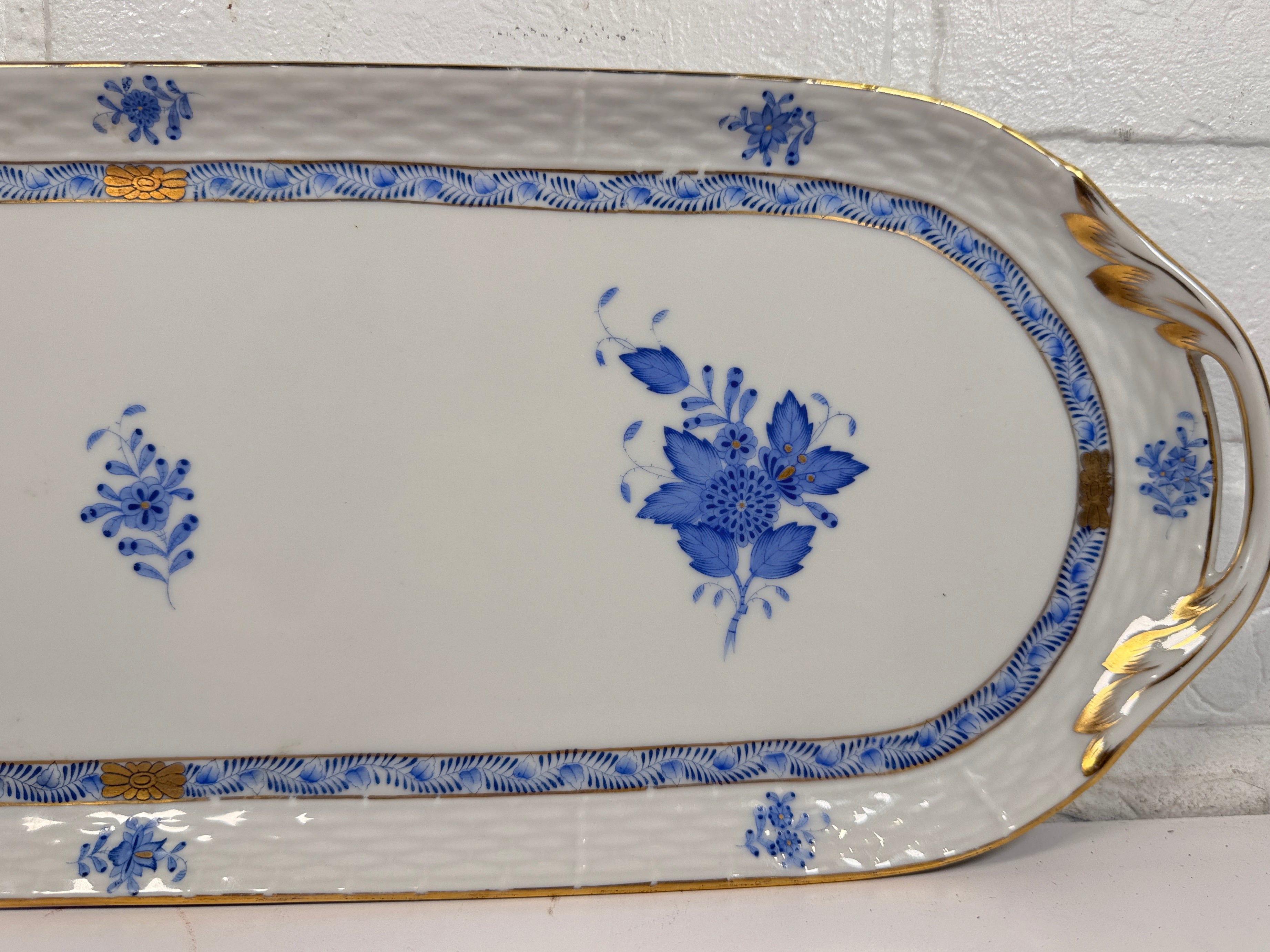 Herend Hungary hand painted porcelain tray 19.5 inch blue floral with gold handles. Large vintage serving tray in excellent condition.