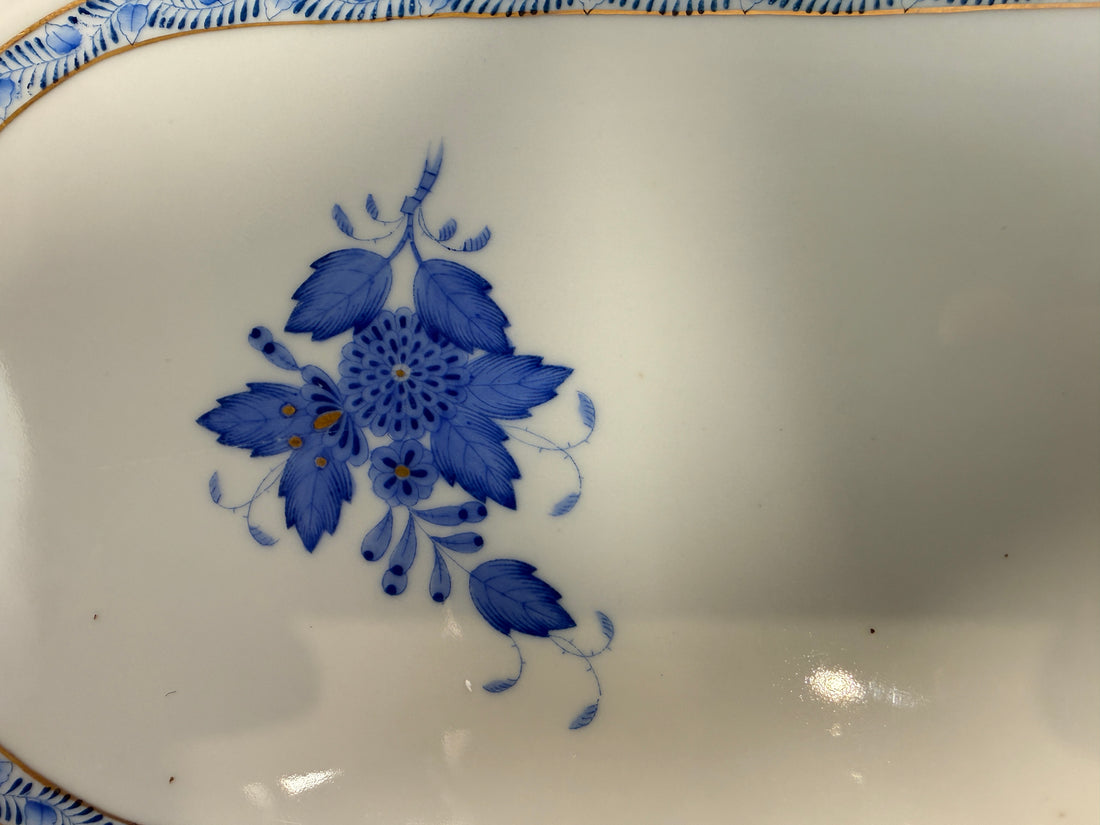 Herend Hungary hand painted porcelain tray 19.5 inch blue floral with gold handles. Large vintage serving tray in excellent condition.