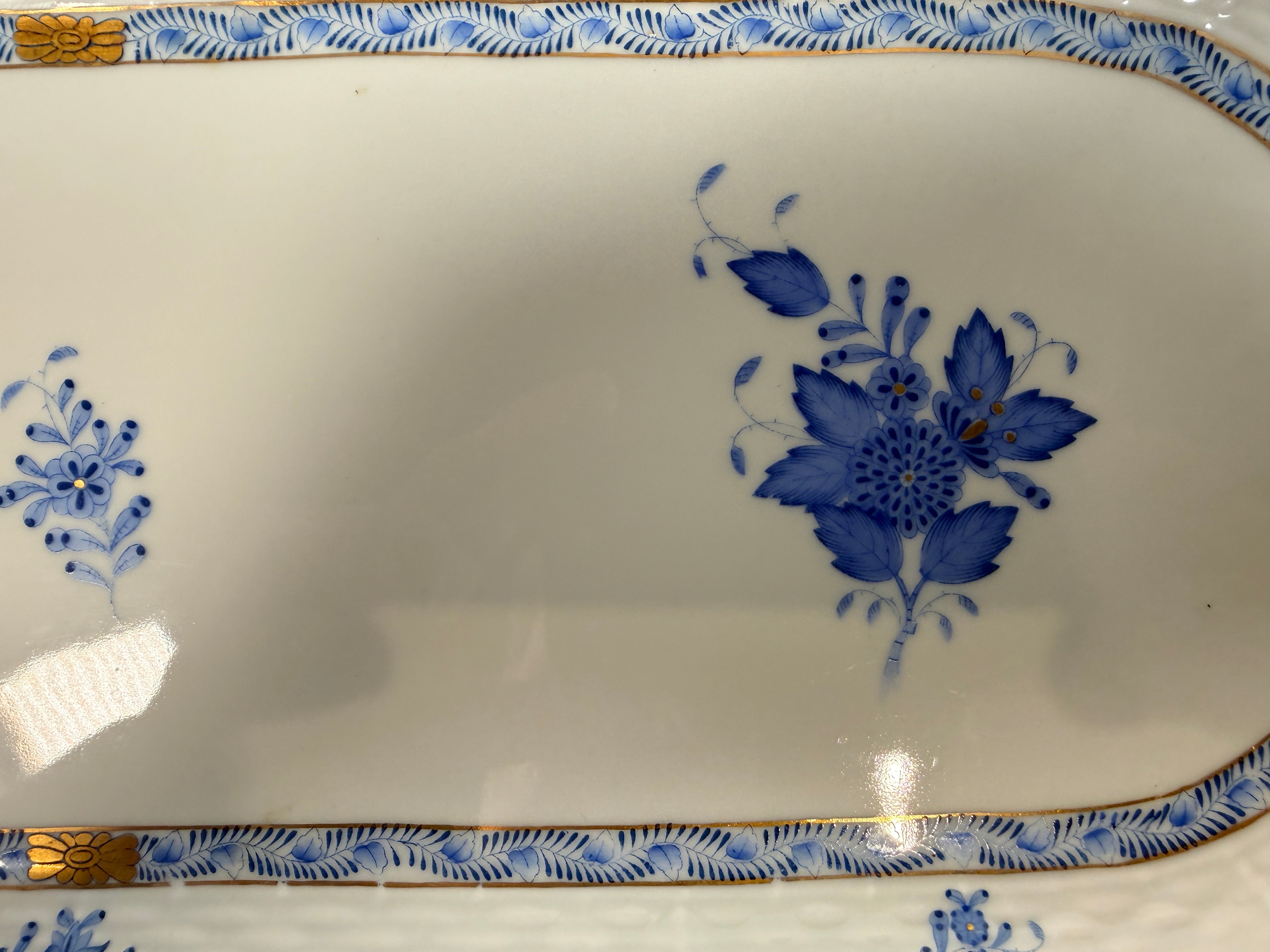Herend Hungary hand painted porcelain tray 19.5 inch blue floral with gold handles. Large vintage serving tray in excellent condition.