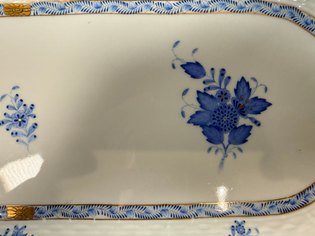 Herend Hungary hand painted porcelain tray 19.5 inch blue floral with gold handles. Large vintage serving tray in excellent condition.