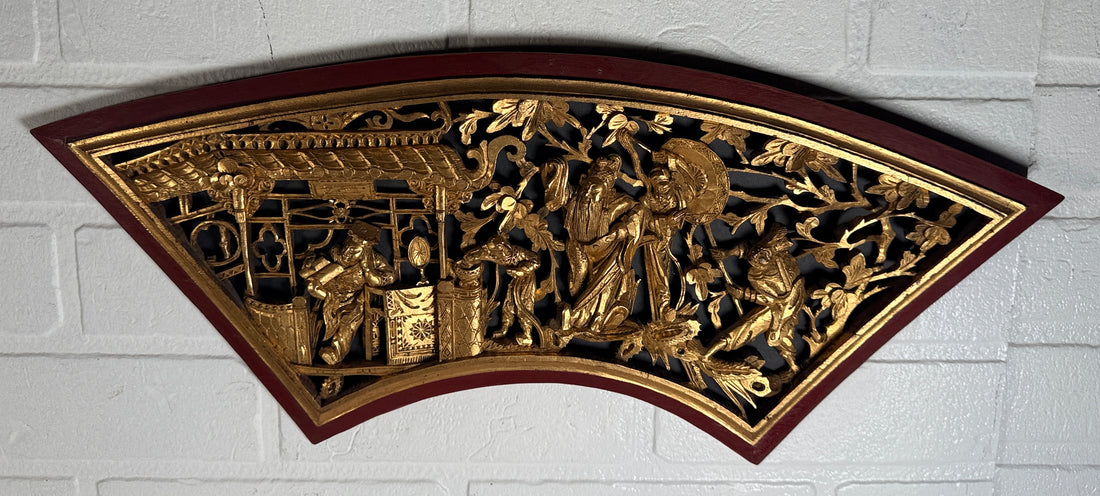 Vintage Chinese carved gilt wood wall panel in fan shape, detailed figural scene, mid-century Chinoiserie décor, openwork carving statement piece.