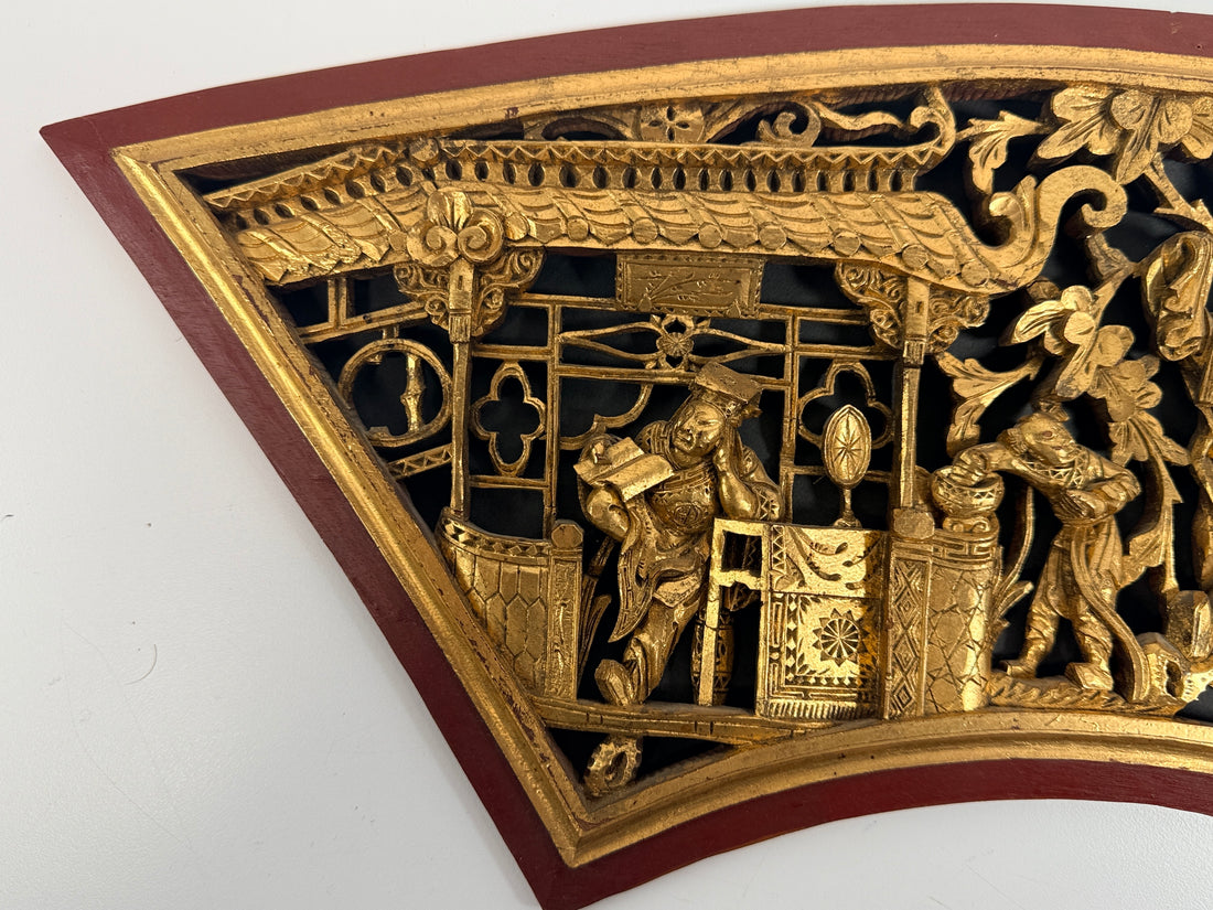 Vintage Chinese carved gilt wood wall panel in fan shape, detailed figural scene, mid-century Chinoiserie décor, openwork carving statement piece.