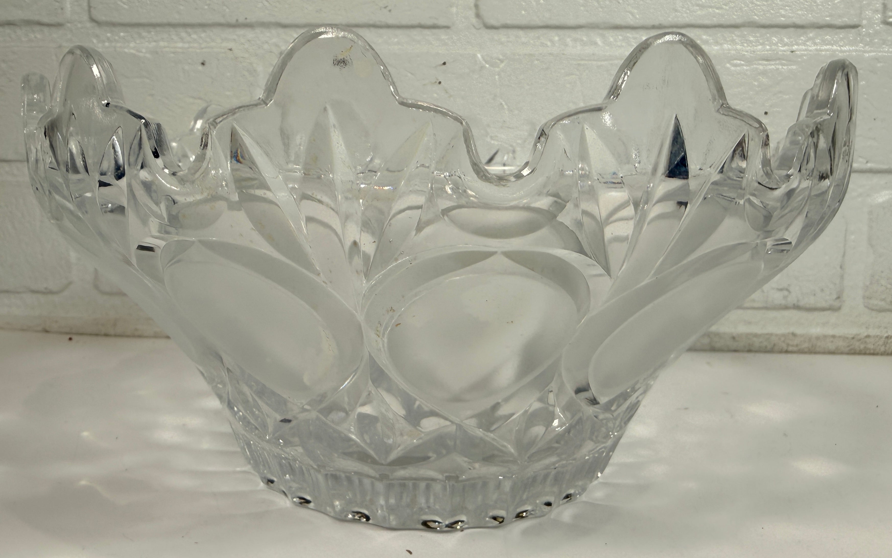Mid-century pressed glass bowl with frosted thumbprint pattern and scalloped rim. Heavy decorative centerpiece perfect for vintage or retro home decor.