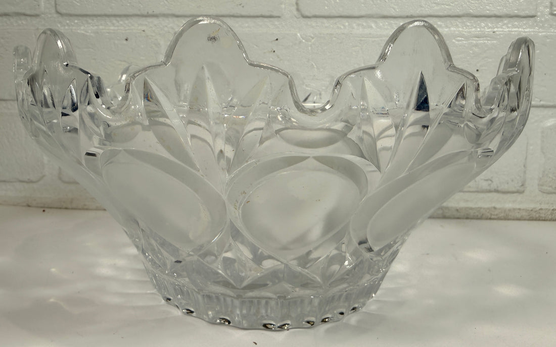 Mid-century pressed glass bowl with frosted thumbprint pattern and scalloped rim. Heavy decorative centerpiece perfect for vintage or retro home decor.
