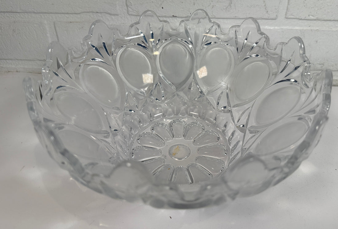 Mid-century pressed glass bowl with frosted thumbprint pattern and scalloped rim. Heavy decorative centerpiece perfect for vintage or retro home decor.