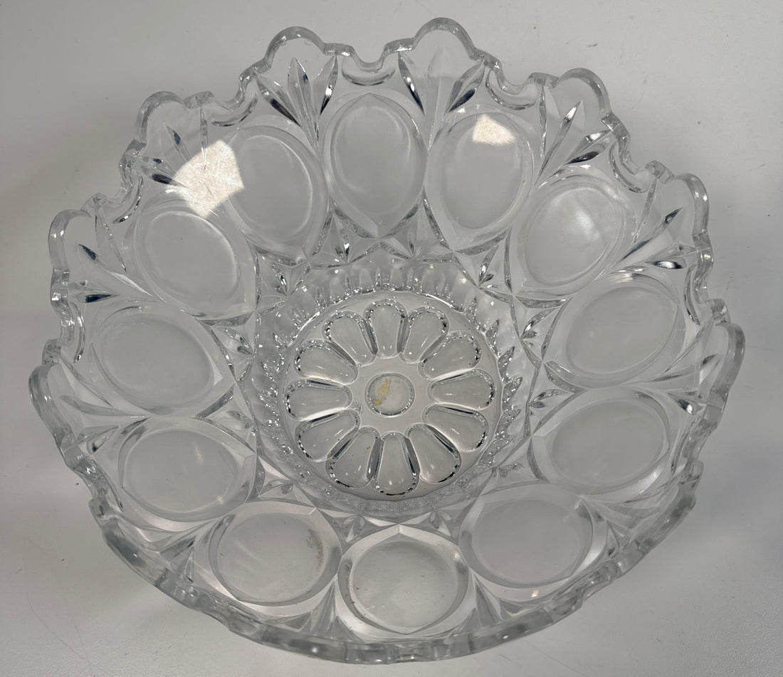 Mid-century pressed glass bowl with frosted thumbprint pattern and scalloped rim. Heavy decorative centerpiece perfect for vintage or retro home decor.