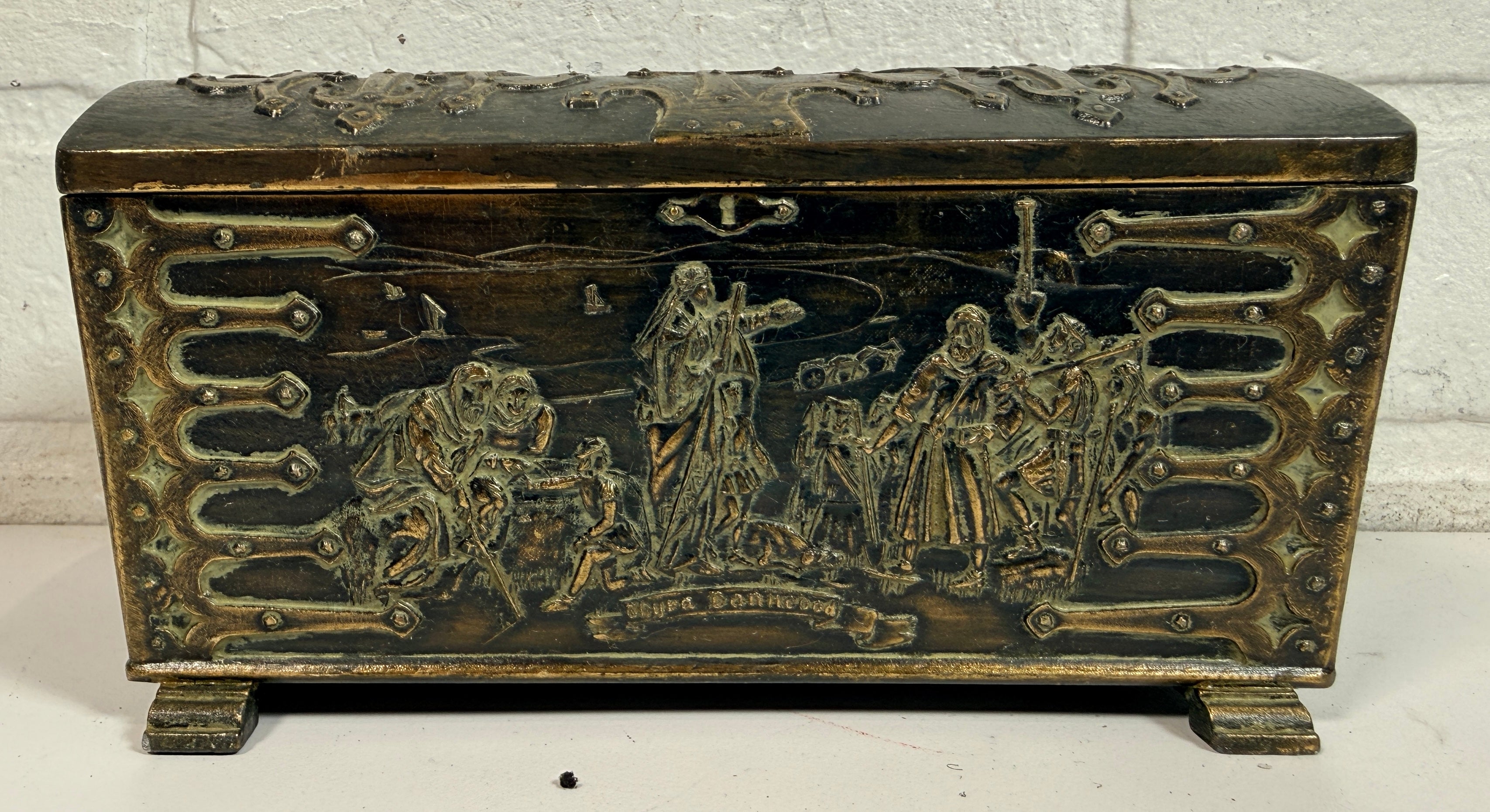 Vintage Danish bronze box by Edw Aagaard with Viking relief and wood interior. Mid-century collectible jewelry or keepsake box with rich patina.