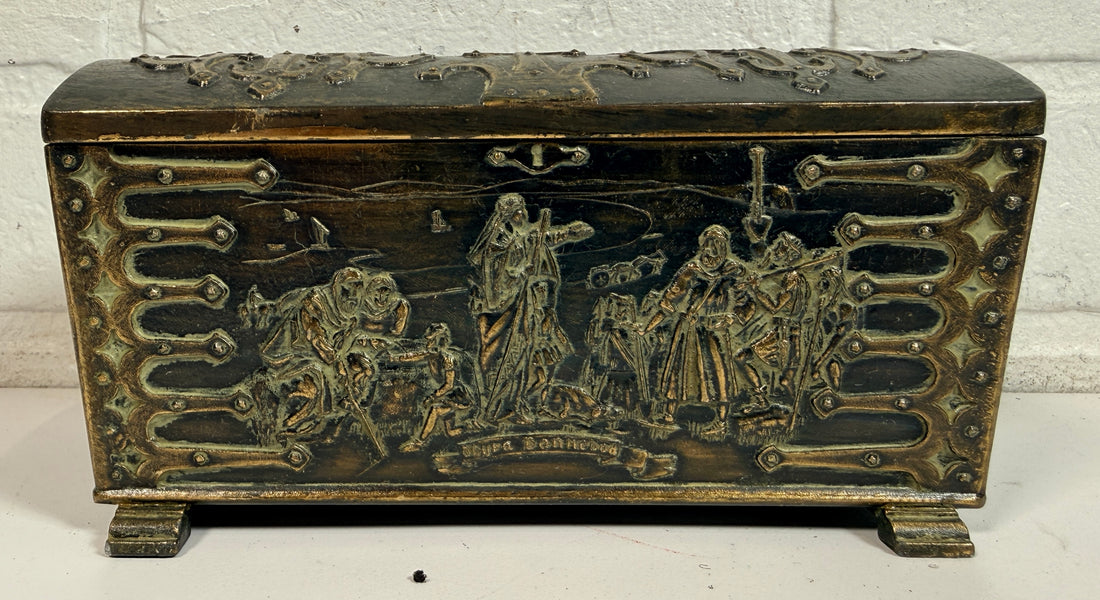 Vintage Danish bronze box by Edw Aagaard with Viking relief and wood interior. Mid-century collectible jewelry or keepsake box with rich patina.