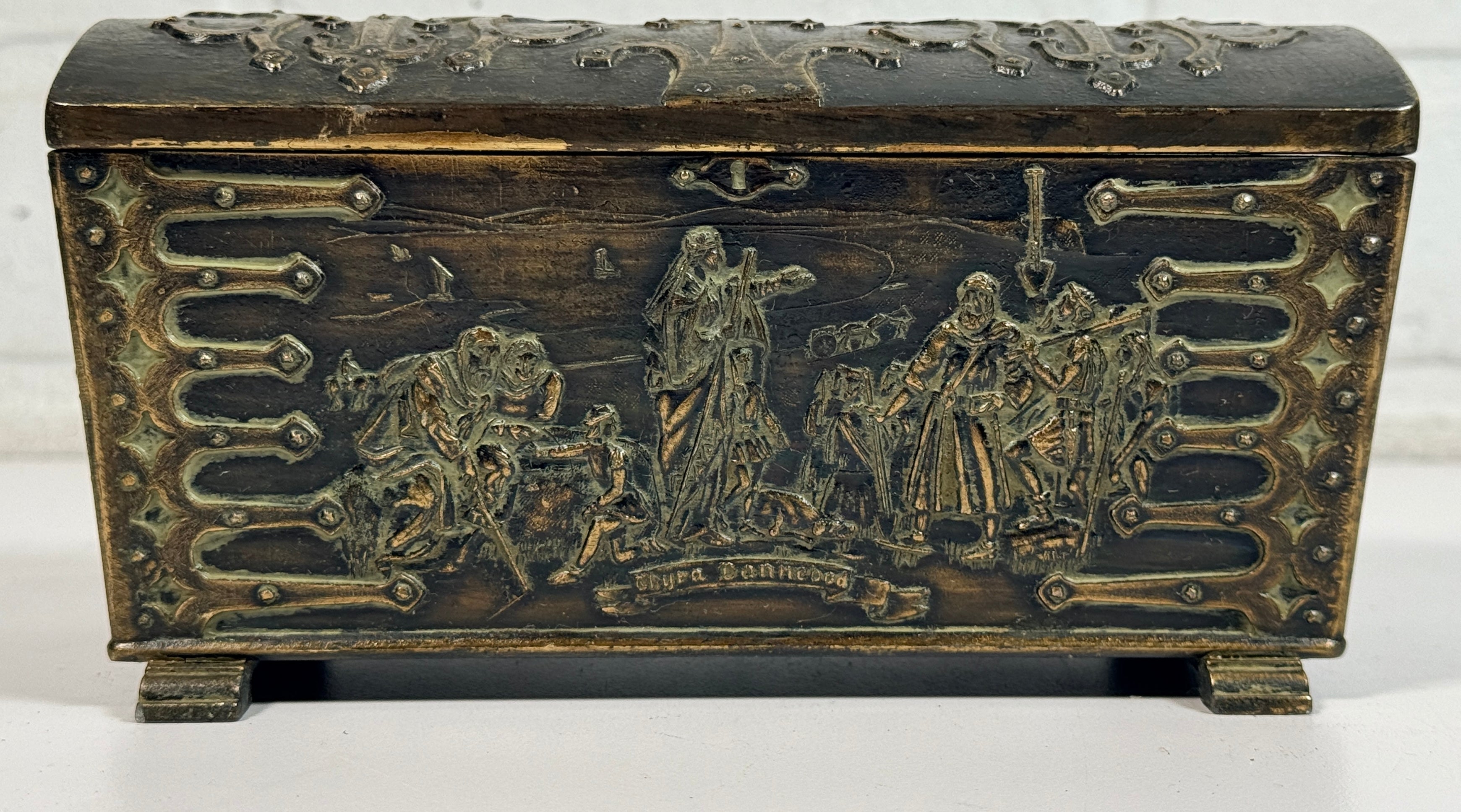 Vintage Danish bronze box by Edw Aagaard with Viking relief and wood interior. Mid-century collectible jewelry or keepsake box with rich patina.