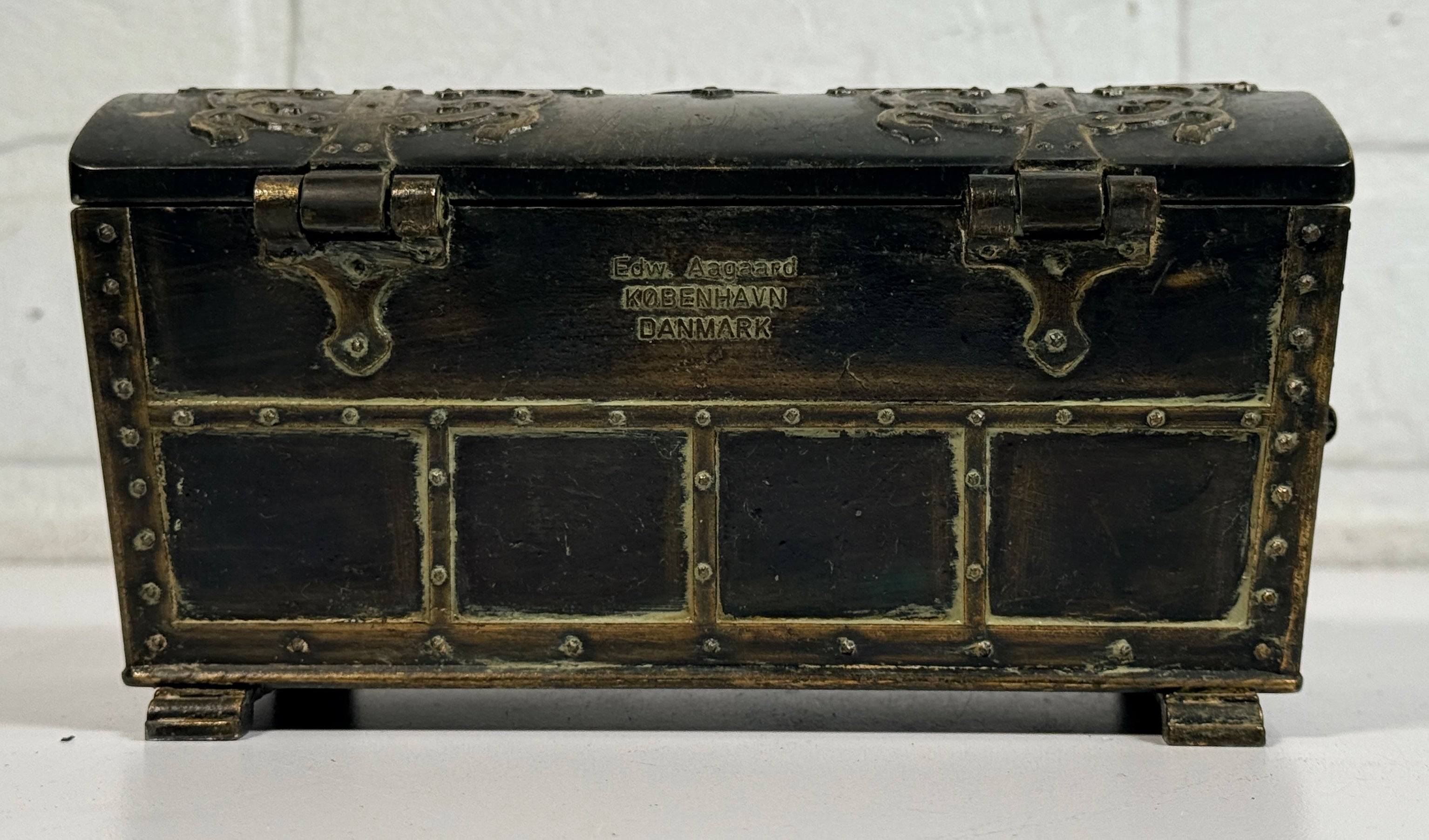 Vintage Danish bronze box by Edw Aagaard with Viking relief and wood interior. Mid-century collectible jewelry or keepsake box with rich patina.