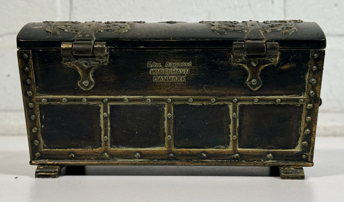 Vintage Danish bronze box by Edw Aagaard with Viking relief and wood interior. Mid-century collectible jewelry or keepsake box with rich patina.