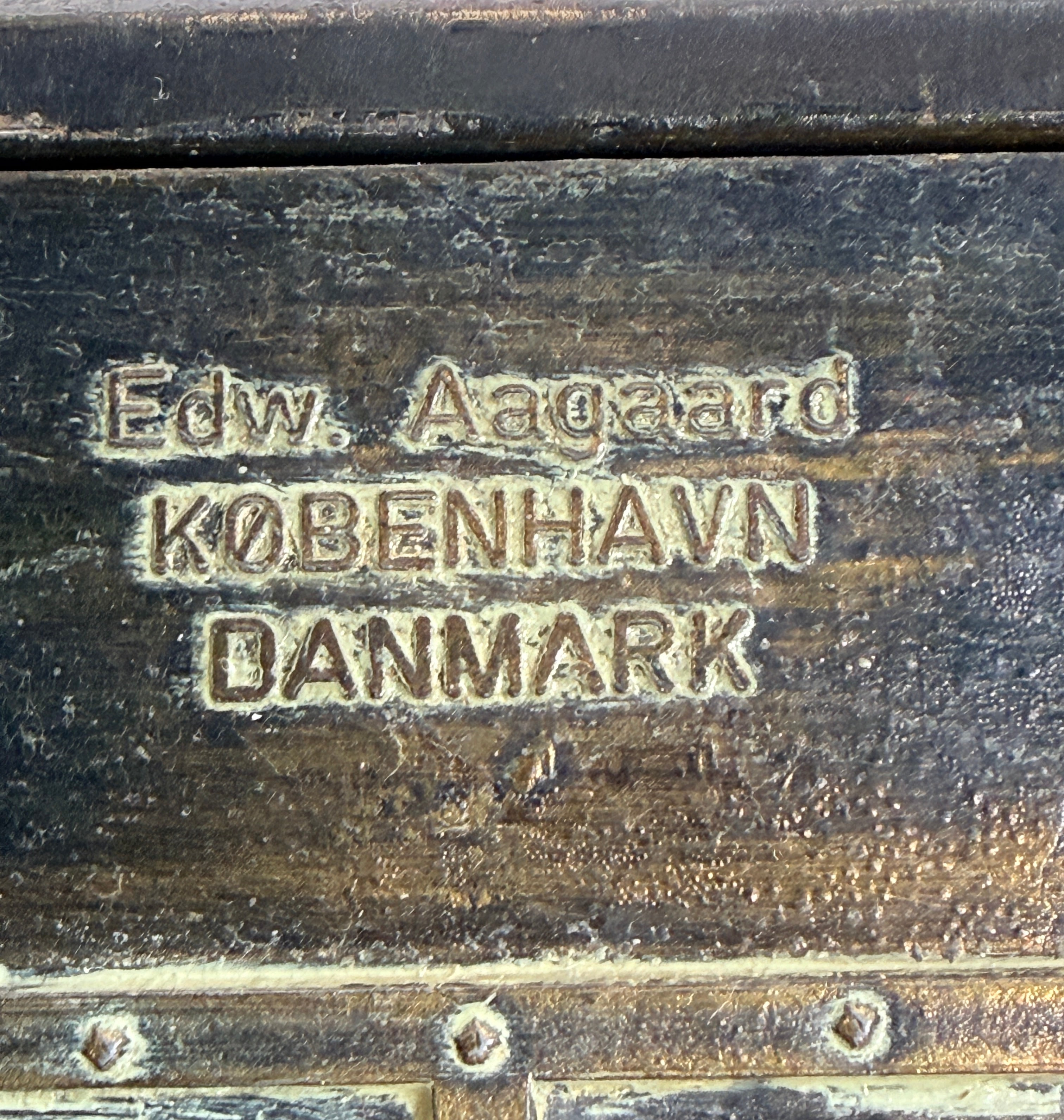Vintage Danish bronze box by Edw Aagaard with Viking relief and wood interior. Mid-century collectible jewelry or keepsake box with rich patina.