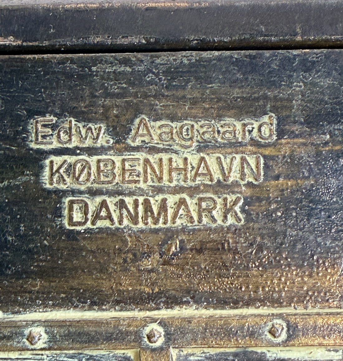 Vintage Danish bronze box by Edw Aagaard with Viking relief and wood interior. Mid-century collectible jewelry or keepsake box with rich patina.
