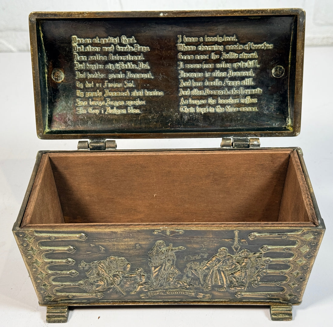 Vintage Danish bronze box by Edw Aagaard with Viking relief and wood interior. Mid-century collectible jewelry or keepsake box with rich patina.