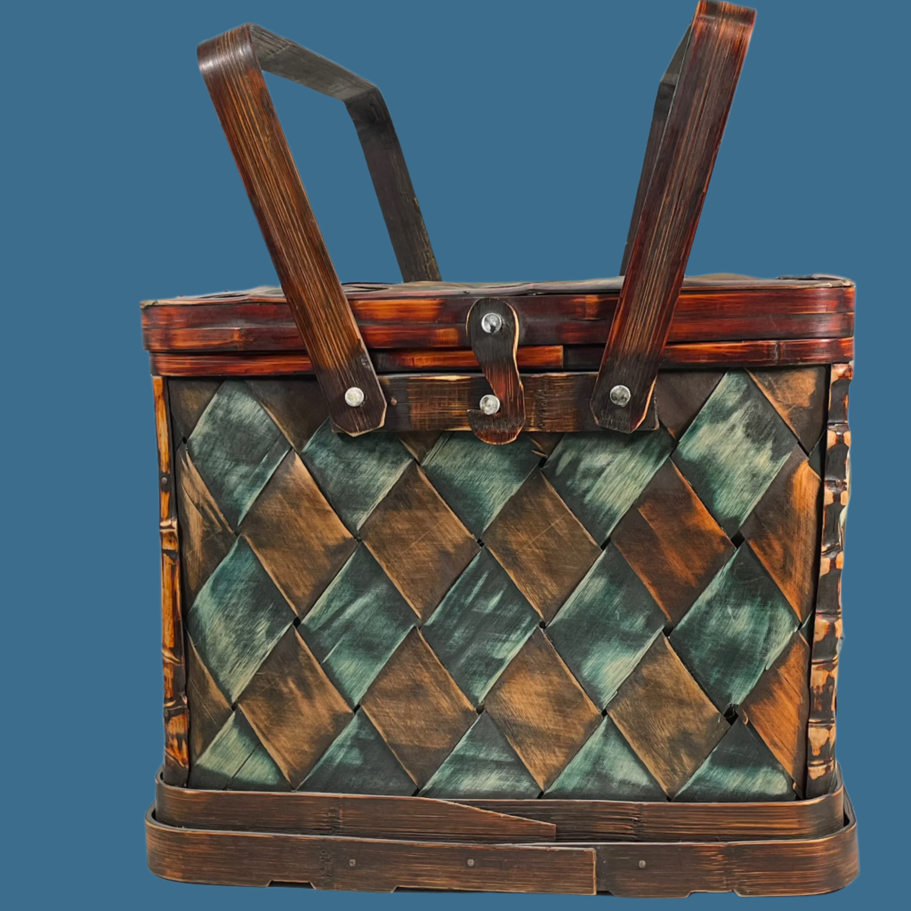 Vintage Woven Wood Picnic Basket – Green & Brown Checkered – Mid-Century Charm