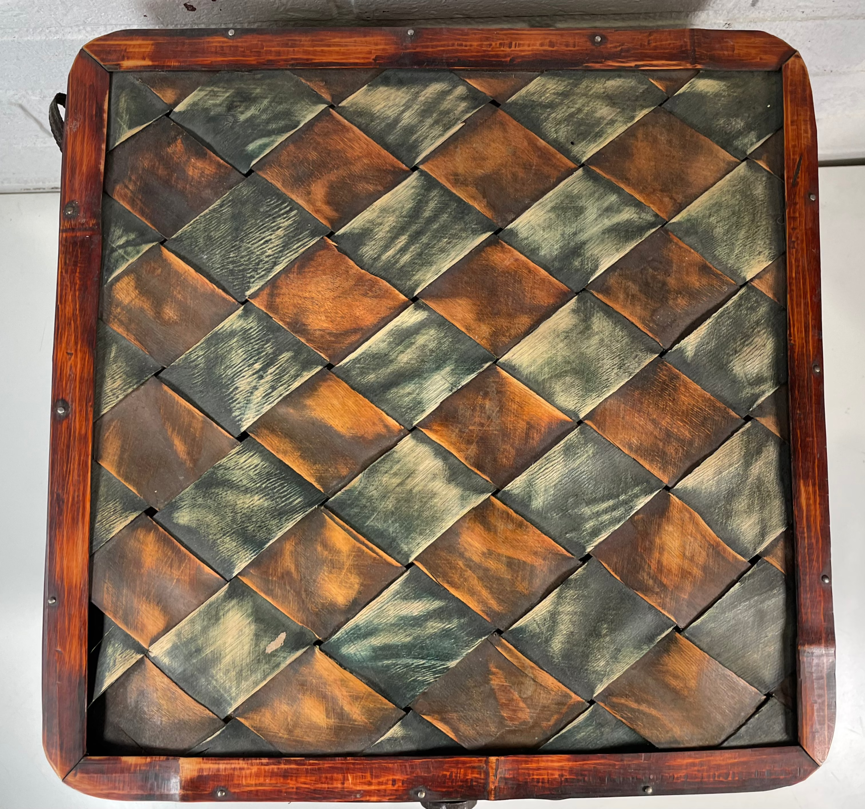 Vintage Woven Wood Picnic Basket – Green & Brown Checkered – Mid-Century Charm