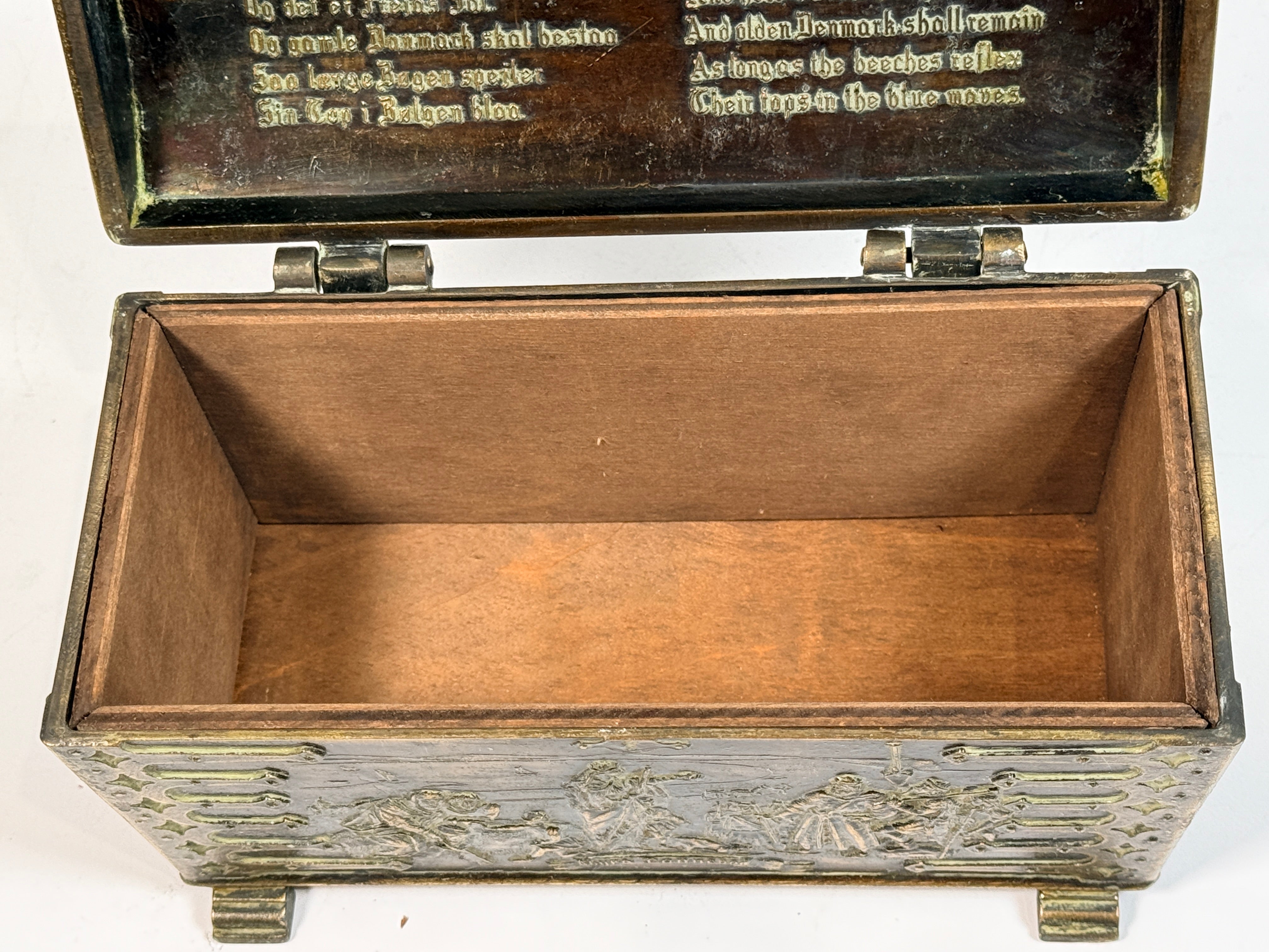 Vintage Danish bronze box by Edw Aagaard with Viking relief and wood interior. Mid-century collectible jewelry or keepsake box with rich patina.