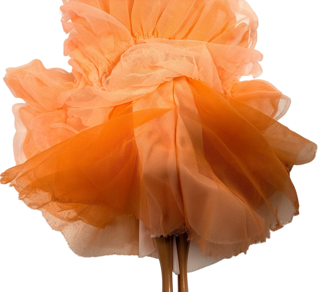 Vintage Barbie SuperStar peach chiffon evening gown dress with glitter bodice and matching wrap. Classic 1970s–1980s Mattel fashion collectible.