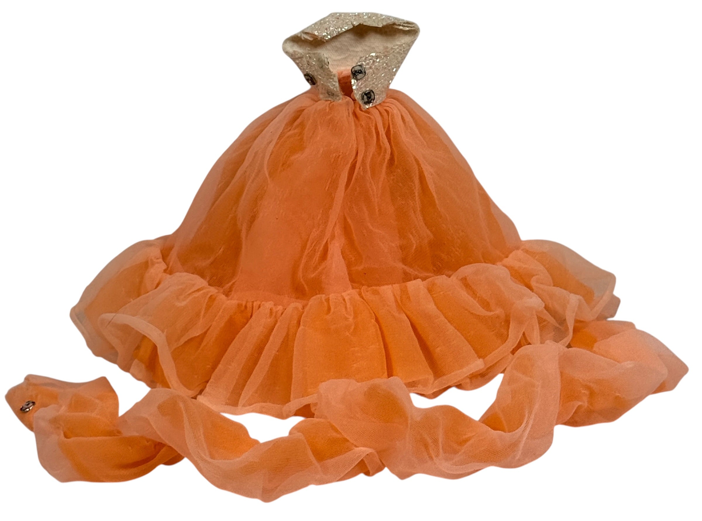 Vintage Barbie SuperStar peach chiffon evening gown dress with glitter bodice and matching wrap. Classic 1970s–1980s Mattel fashion collectible.
