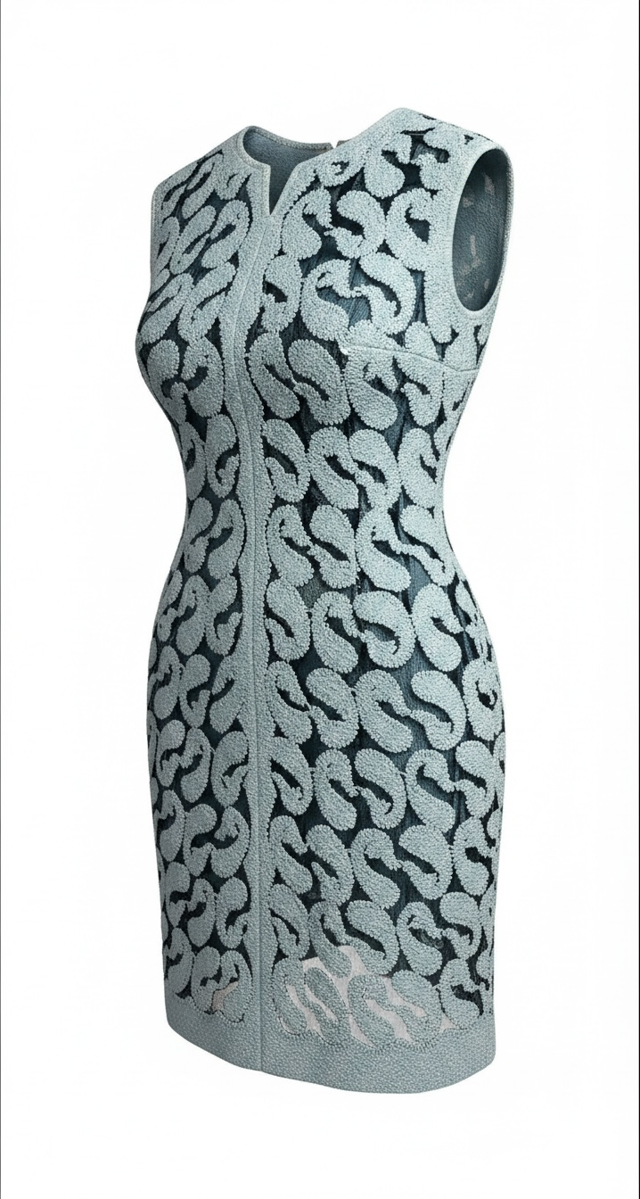 Vintage 1960s Susan Vermes Montreal cocktail dress, metallic knit paisley design, mod A-line silhouette, Derby Knit construction, boutique retro fashion piece.