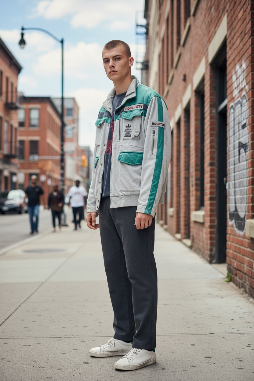 Adidas Star Wars Boba Fett jacket with tactical design and embroidered logos. Pre-owned with visible staining, priced for value and everyday wear appeal.