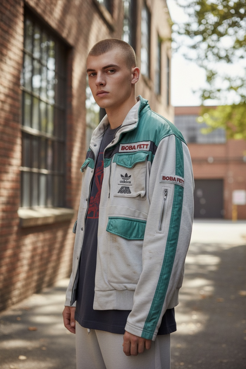 Adidas Star Wars Boba Fett jacket with tactical design and embroidered logos. Pre-owned with visible staining, priced for value and everyday wear appeal.