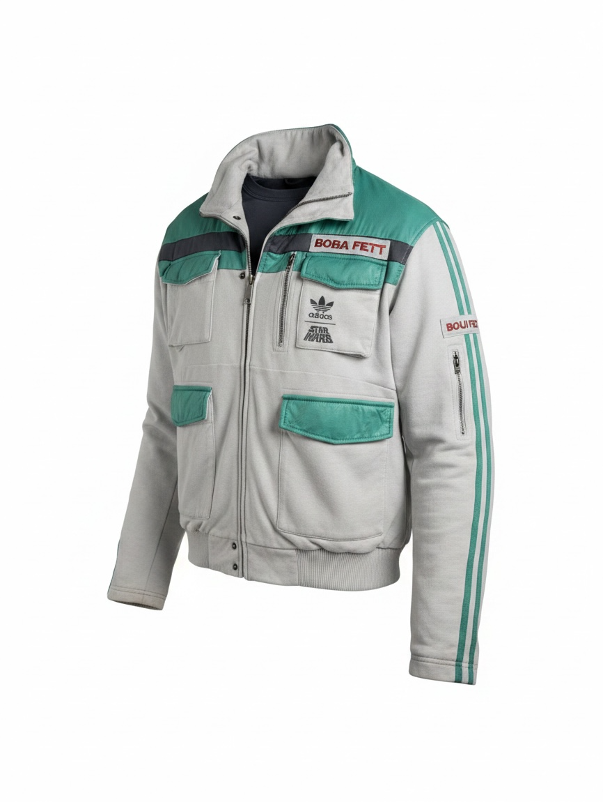 Adidas Star Wars Boba Fett jacket with tactical design and embroidered logos. Pre-owned with visible staining, priced for value and everyday wear appeal.