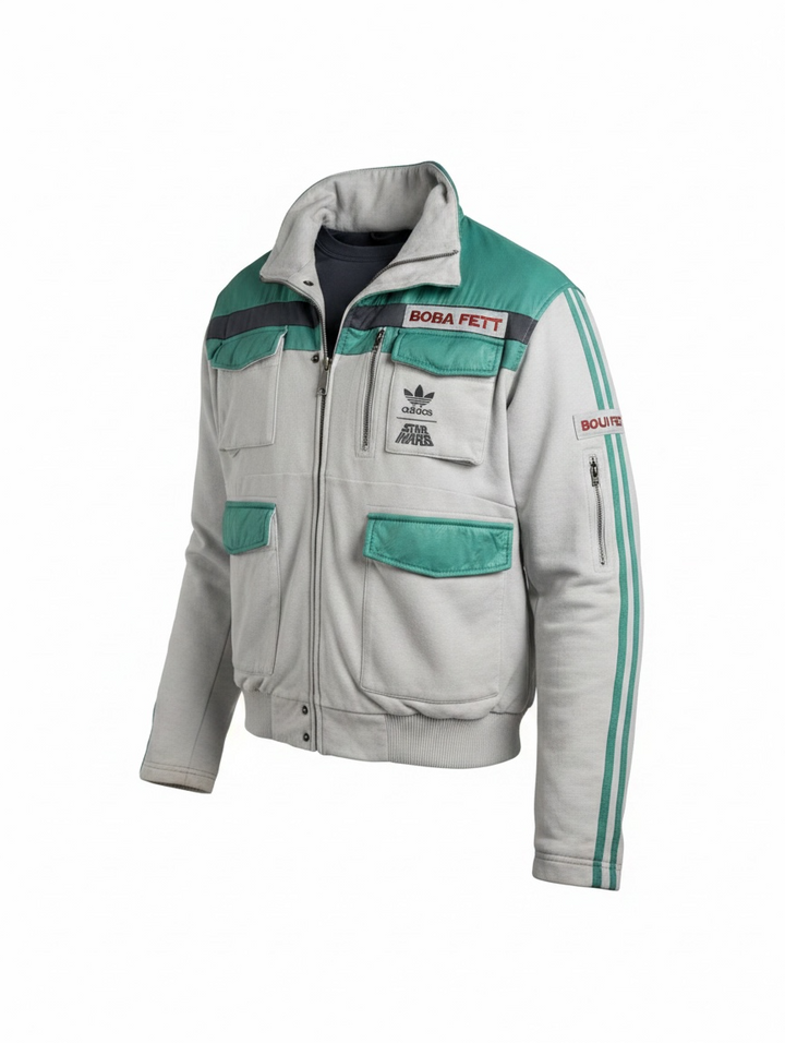 Adidas Star Wars Boba Fett jacket with tactical design and embroidered logos. Pre-owned with visible staining, priced for value and everyday wear appeal.