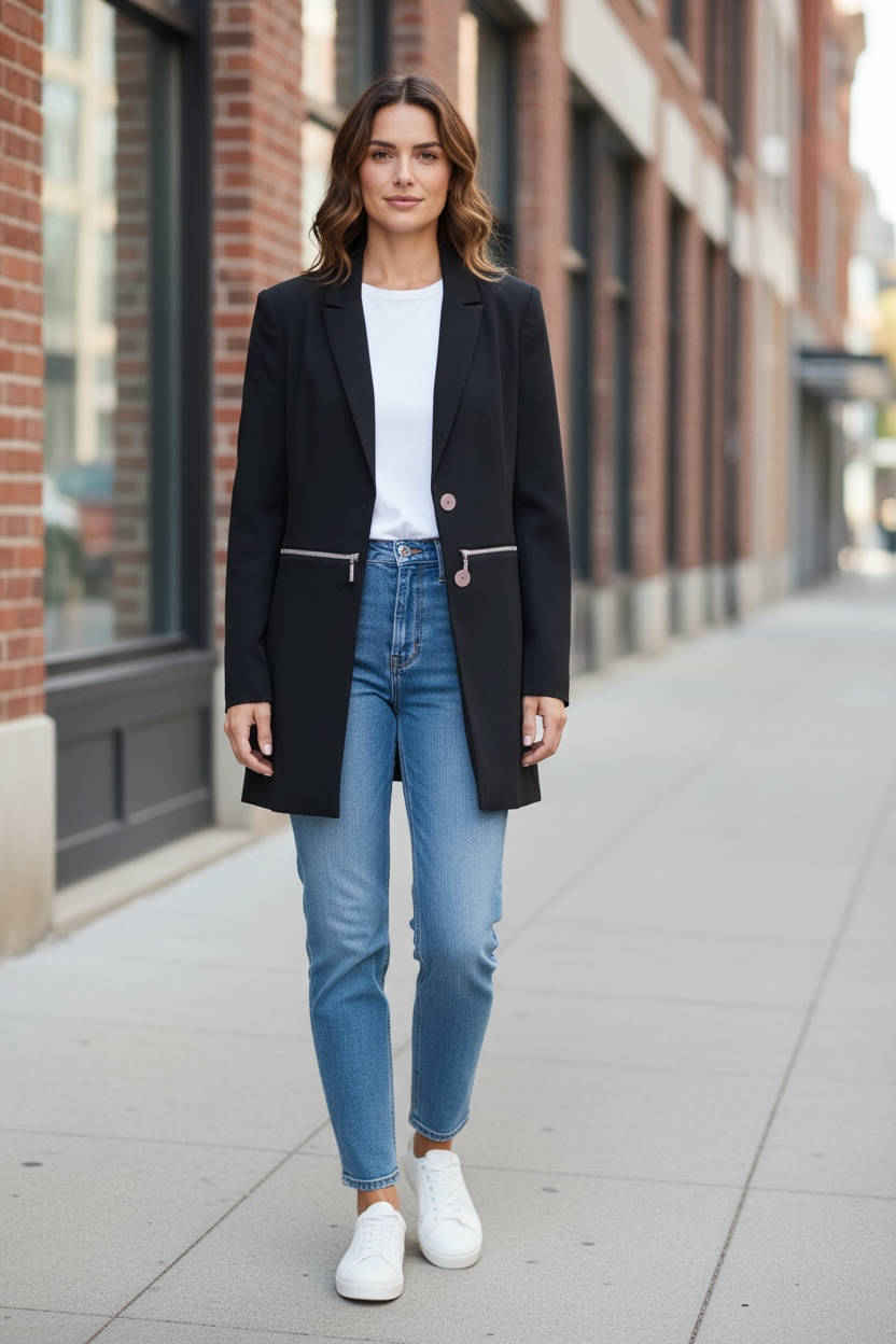 Vintage Simon Chang black blazer with zip waist detail, structured 90s silhouette, size 12. Classic tailored piece with unique design accent.