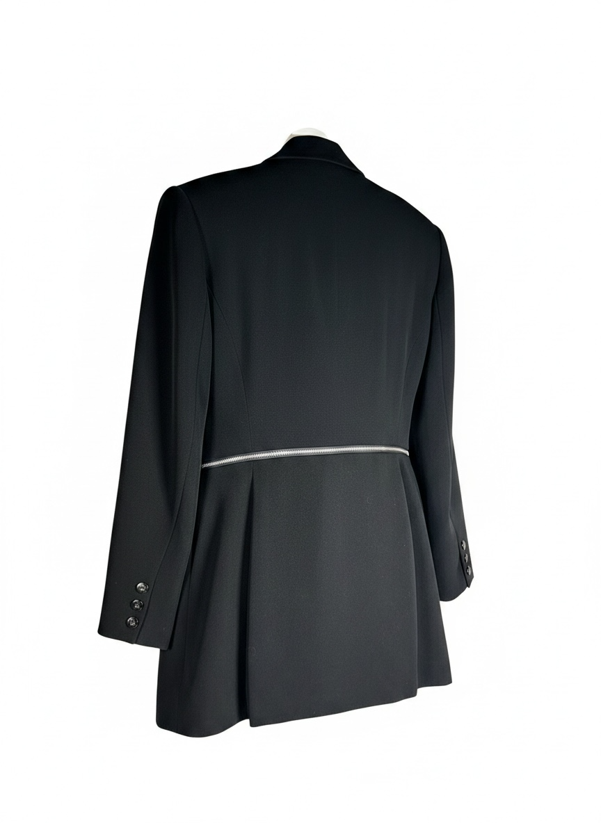 Vintage Simon Chang black blazer with zip waist detail, structured 90s silhouette, size 12. Classic tailored piece with unique design accent.