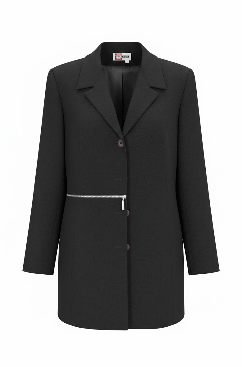 Vintage Simon Chang black blazer with zip waist detail, structured 90s silhouette, size 12. Classic tailored piece with unique design accent.