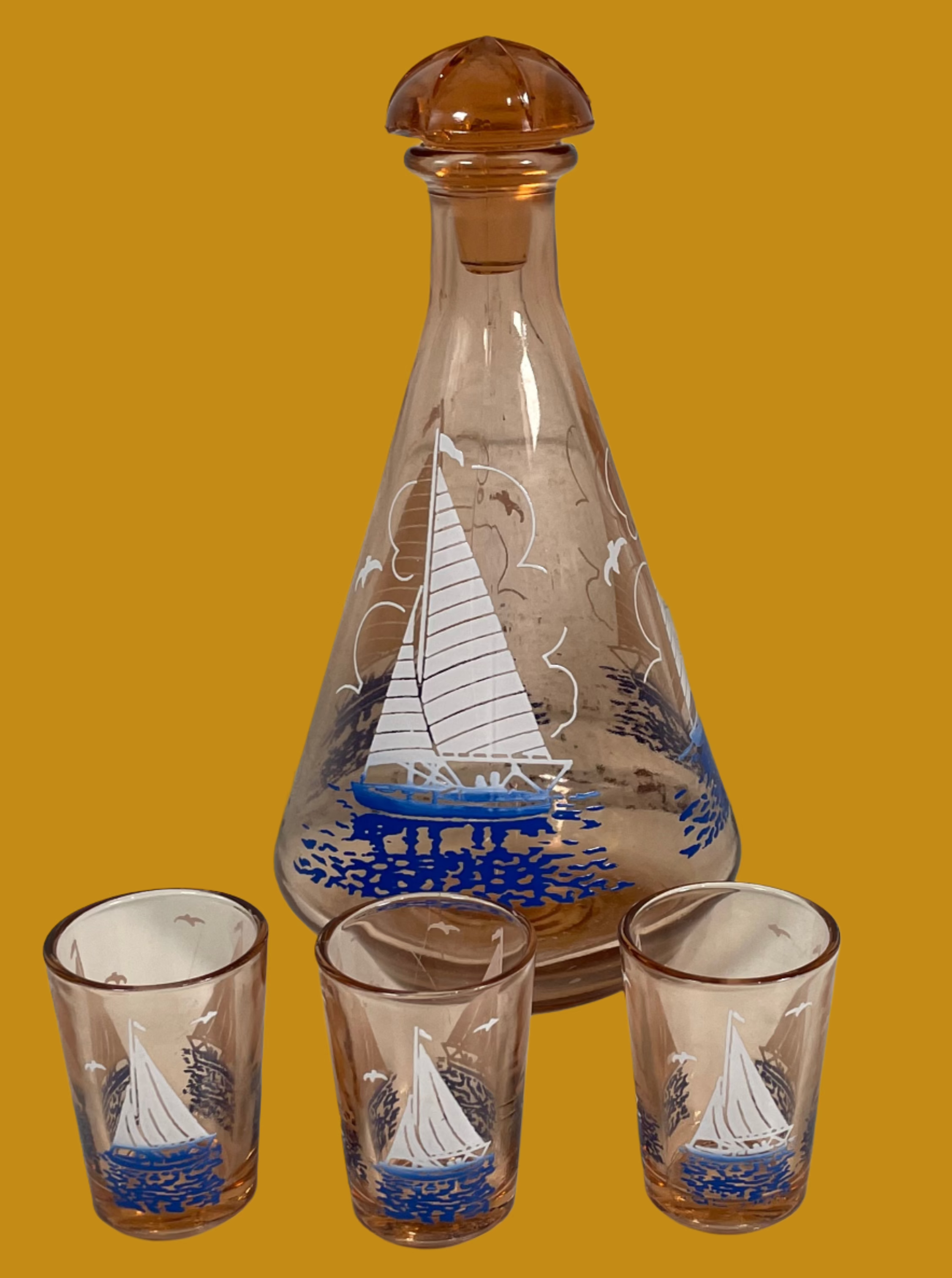 Vintage Pink Amber Glass White Blue Fade Sailboat Decanter & Shot Glasses